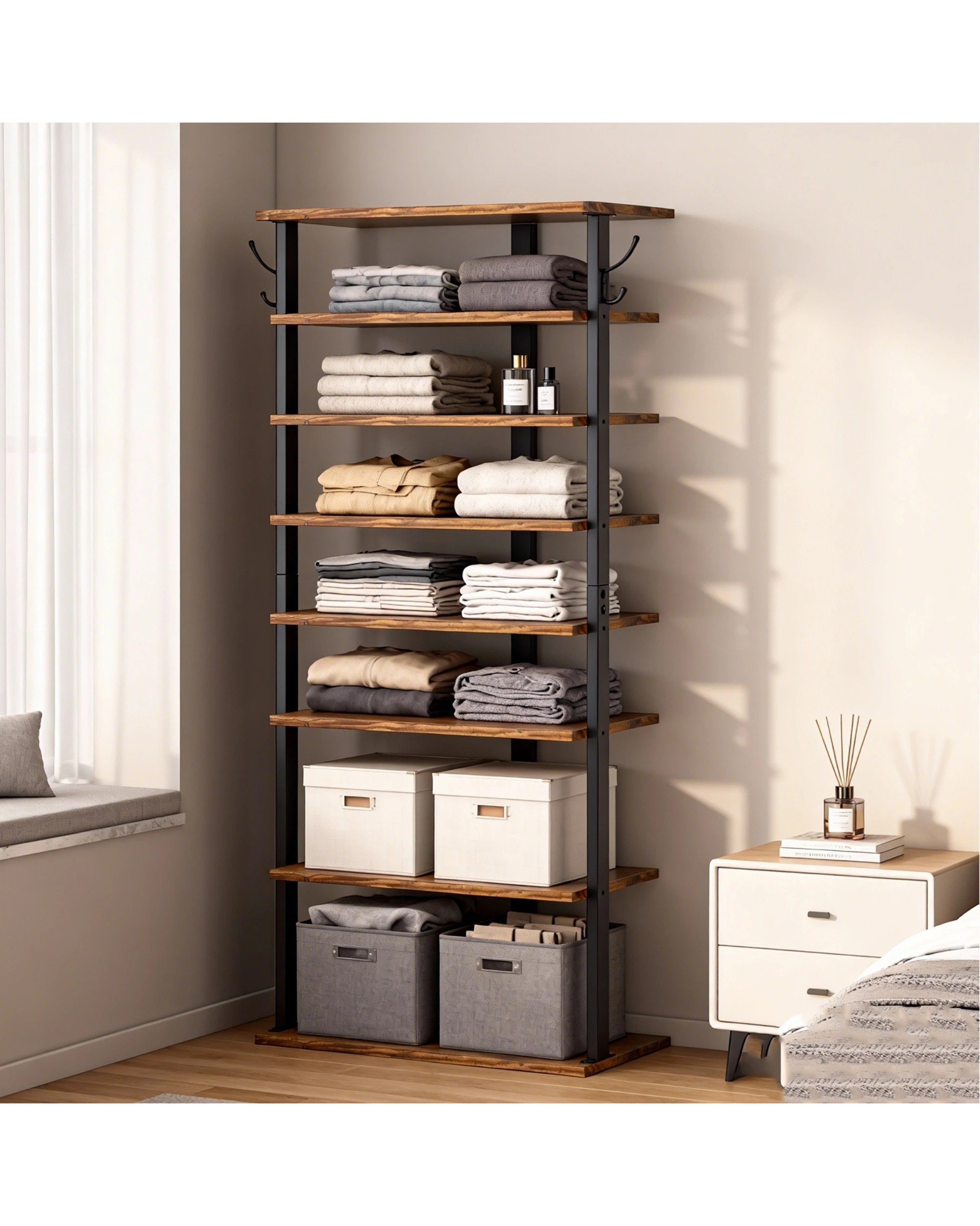 4 Advwin 8 Tier Vertical Shoe Rack Shoe Storage Organiser Narrow Shoe Tower, Rustic Brown, 4 of 10