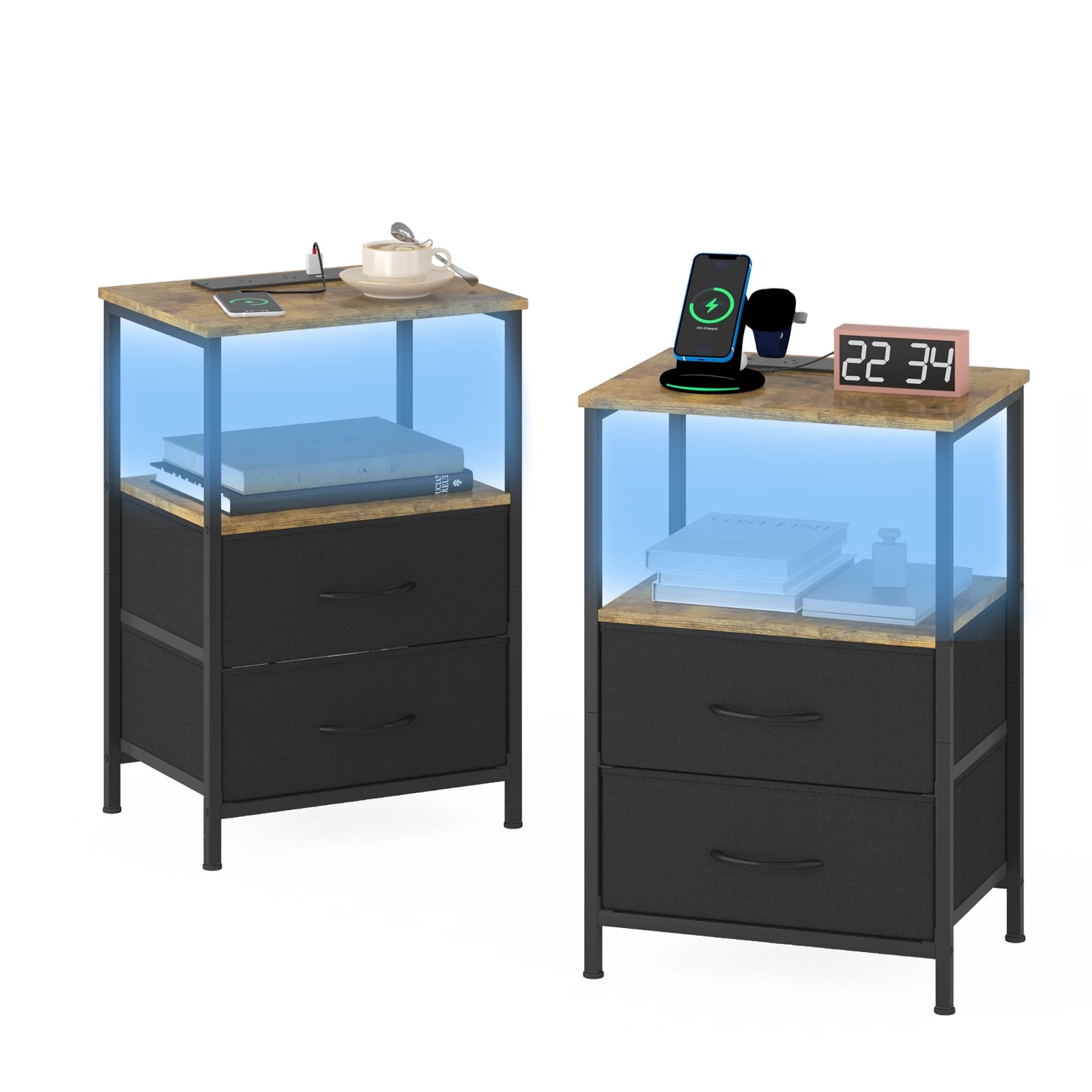 3 Advwin Led Bedside Table Set Of 2 Charging Station 2 Drawers Nightstand, 3 of 6