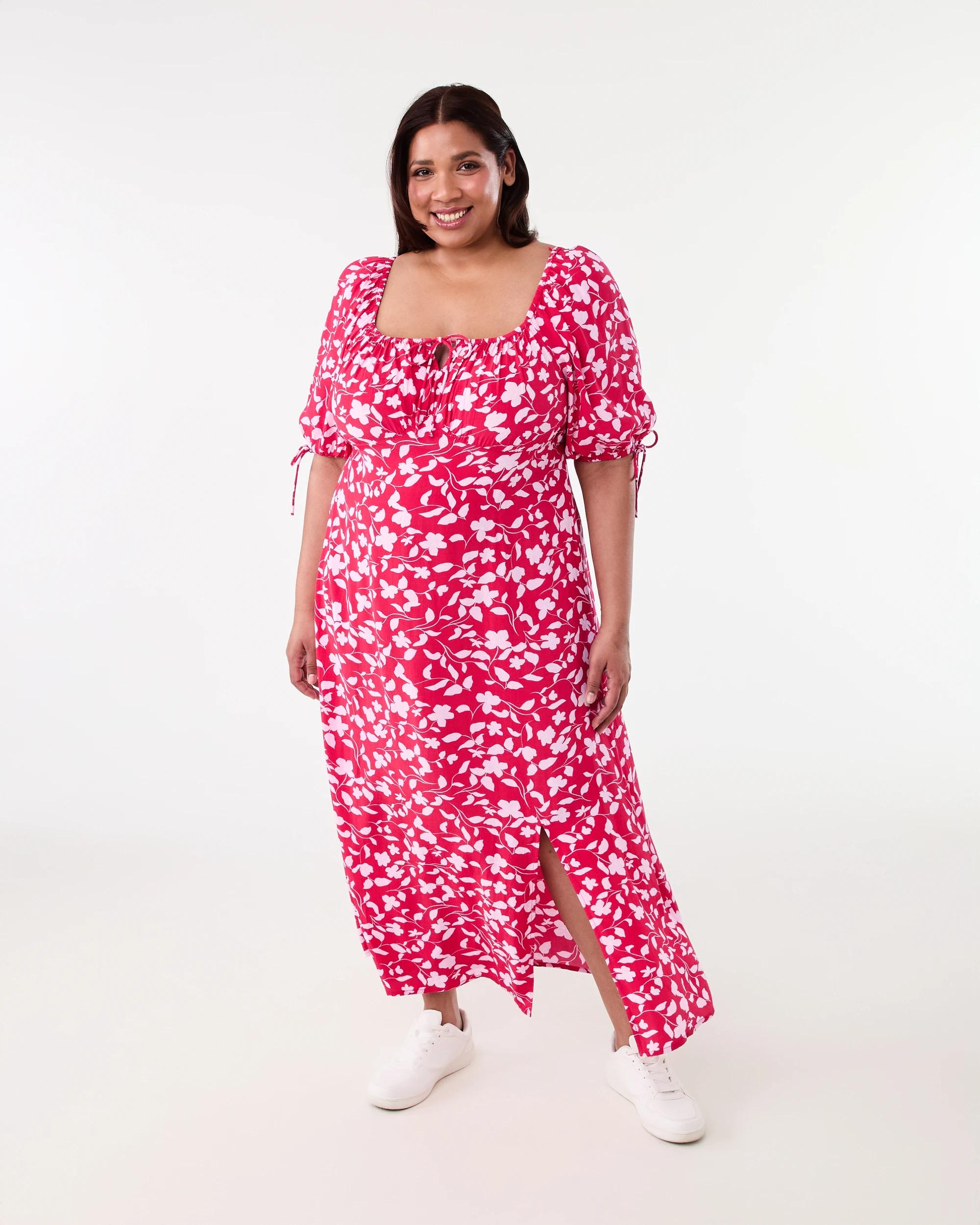 1 Curve Short Sleeve Square Neck Midi Dress Red Flrl, 1 of 6