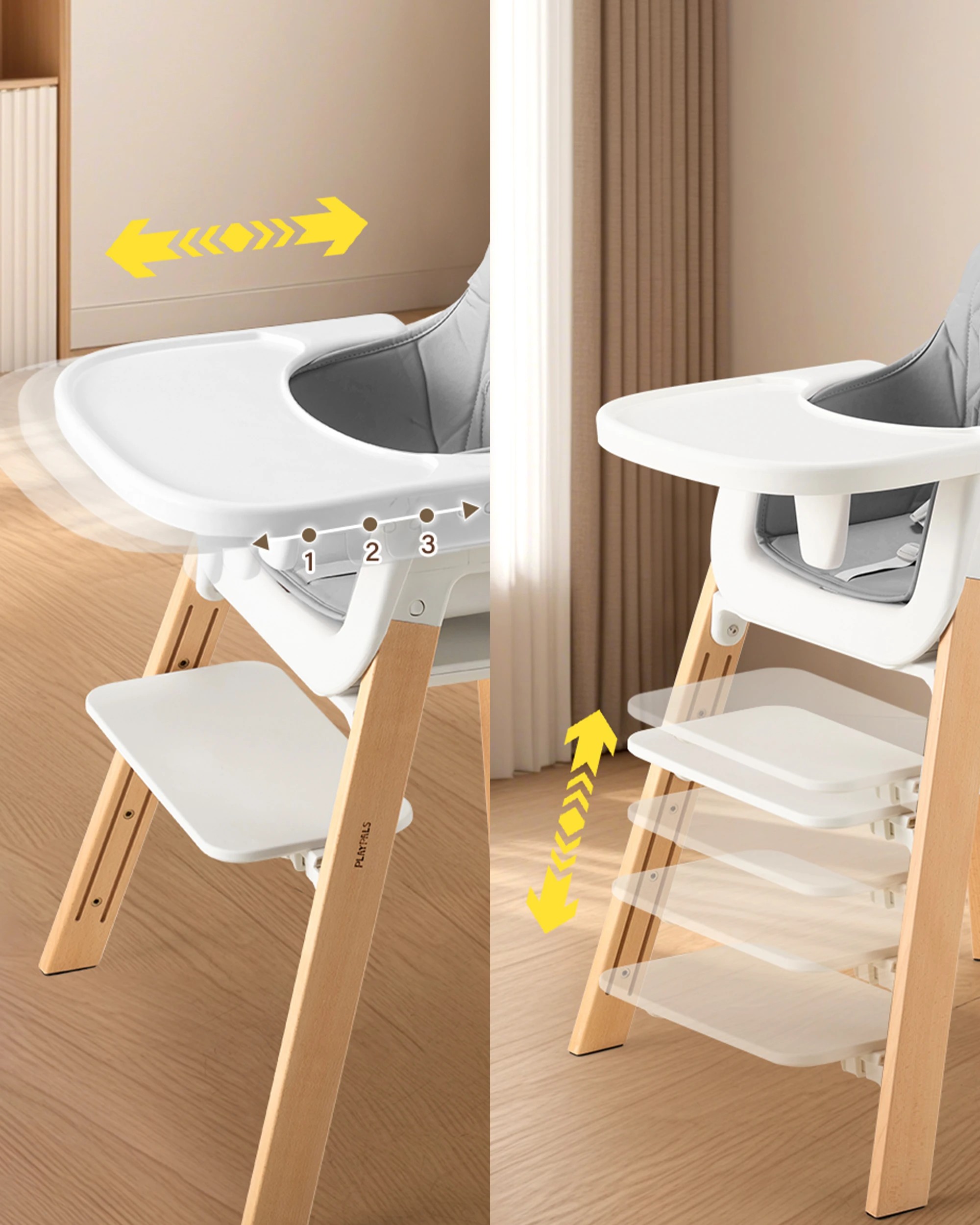 5 PlayPals 3-In-1 Baby High Chair Wooden Feeding Chair Toddler Chair Grey for 6M-12Y, 5 of 9