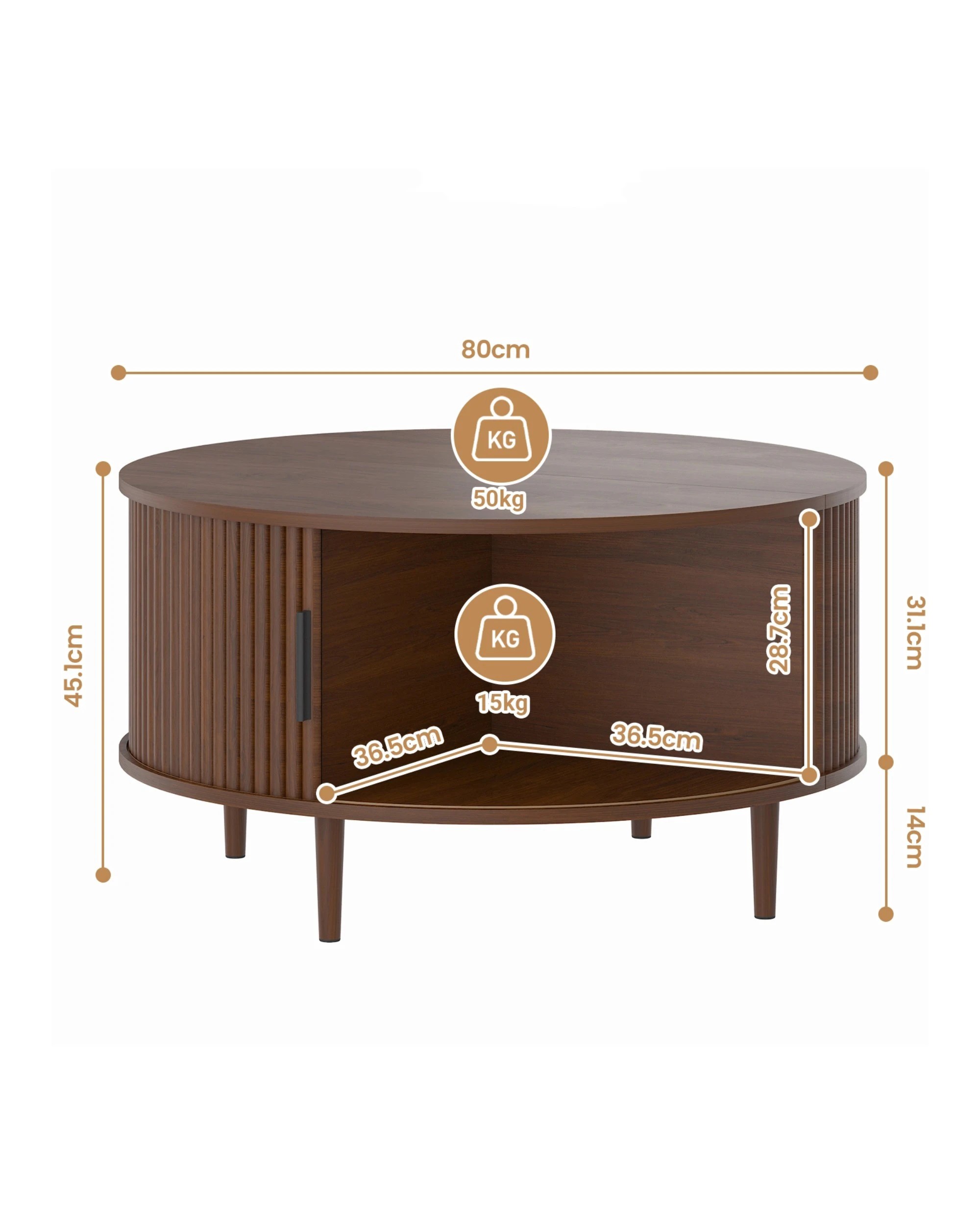9 Advwin 80cm Round Coffee Table Fluted Center Table w/ Sliding Door Cabinet Side Table w/ Hidden Storage & Shelf, 9 of 9
