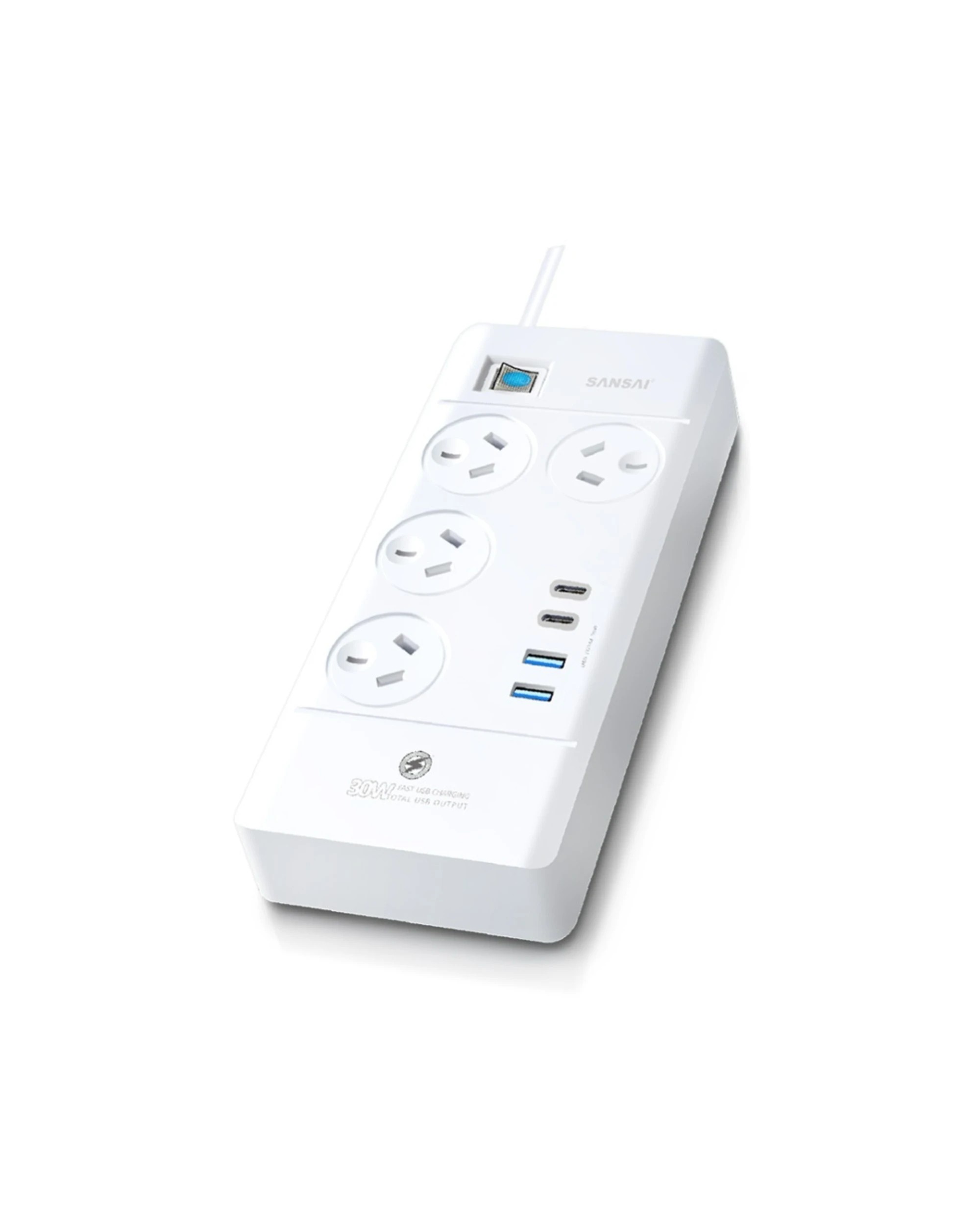 1 Sansai 4 Outlet Powerboard With USB A And C Ports 30W USB Output 1m Cord - White, 1 of 2