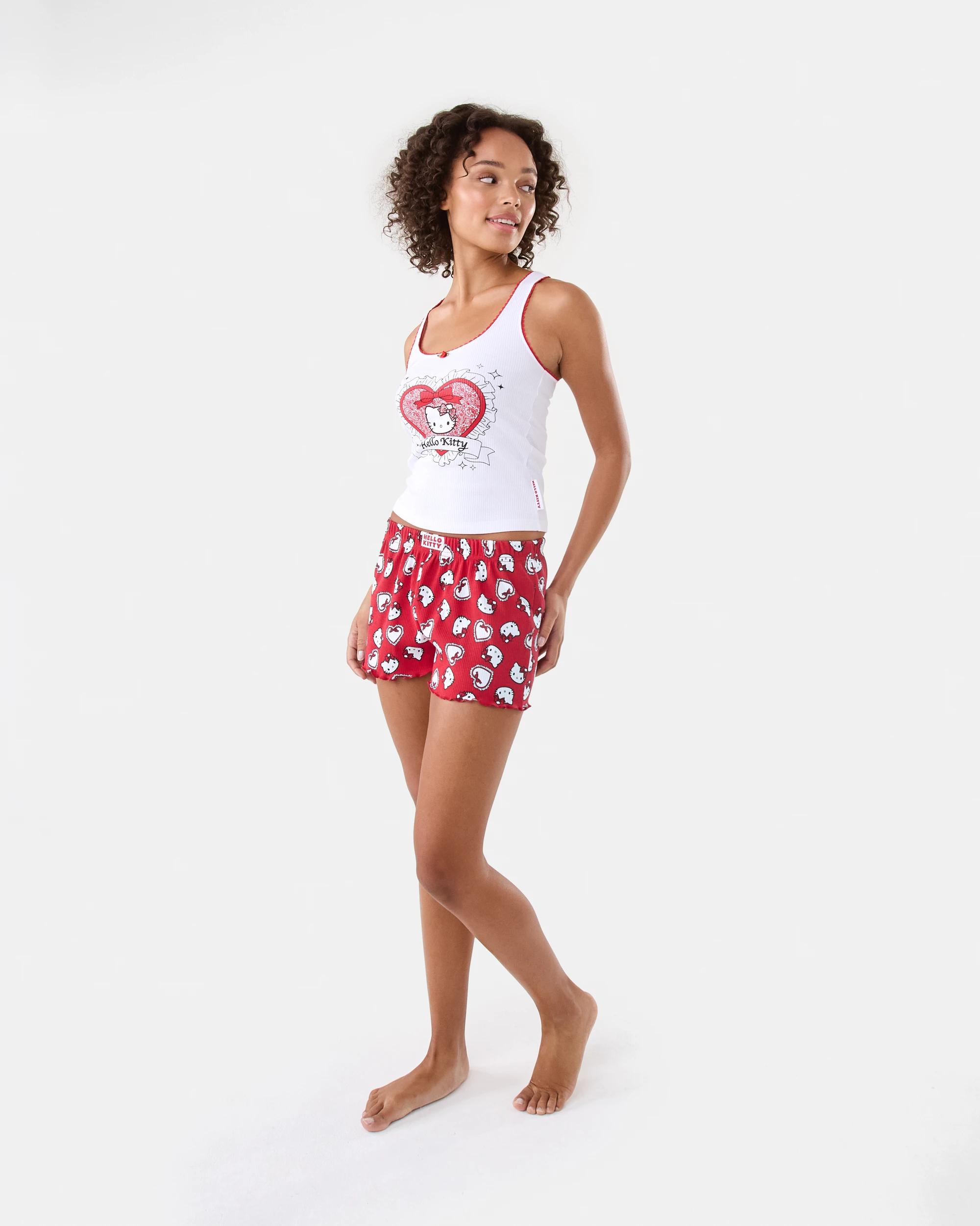 3 Hello Kitty License Sleeveless Rib Lace Trim Tank and Shorts Pyjama Set Hk Heart, 3 of 10