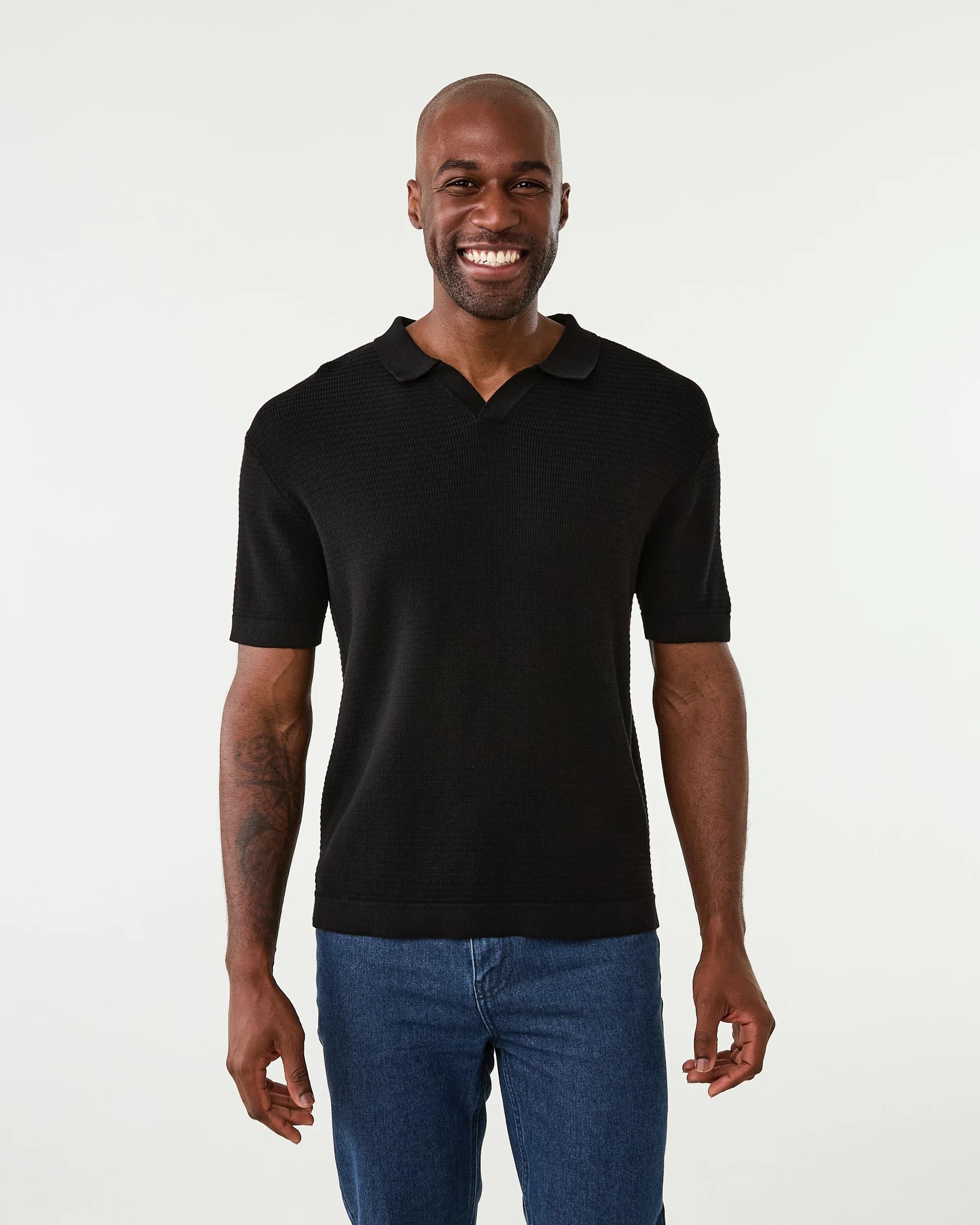 1 True Knit Textured Polo Shirt Black, 1 of 6