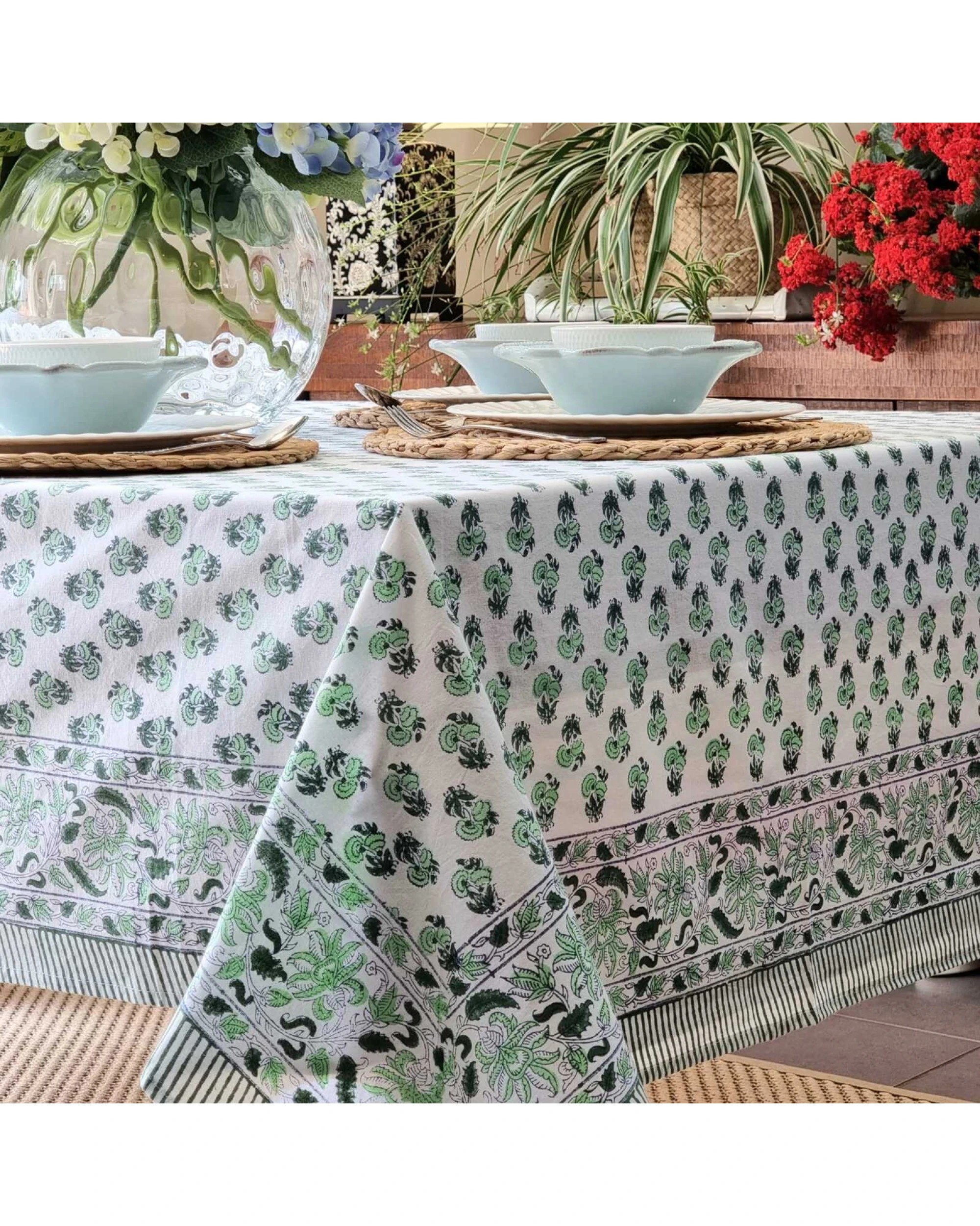 2 Kolka Rosemary Hand Block-Printed Cotton Tablecloth - Green, 2 of 5