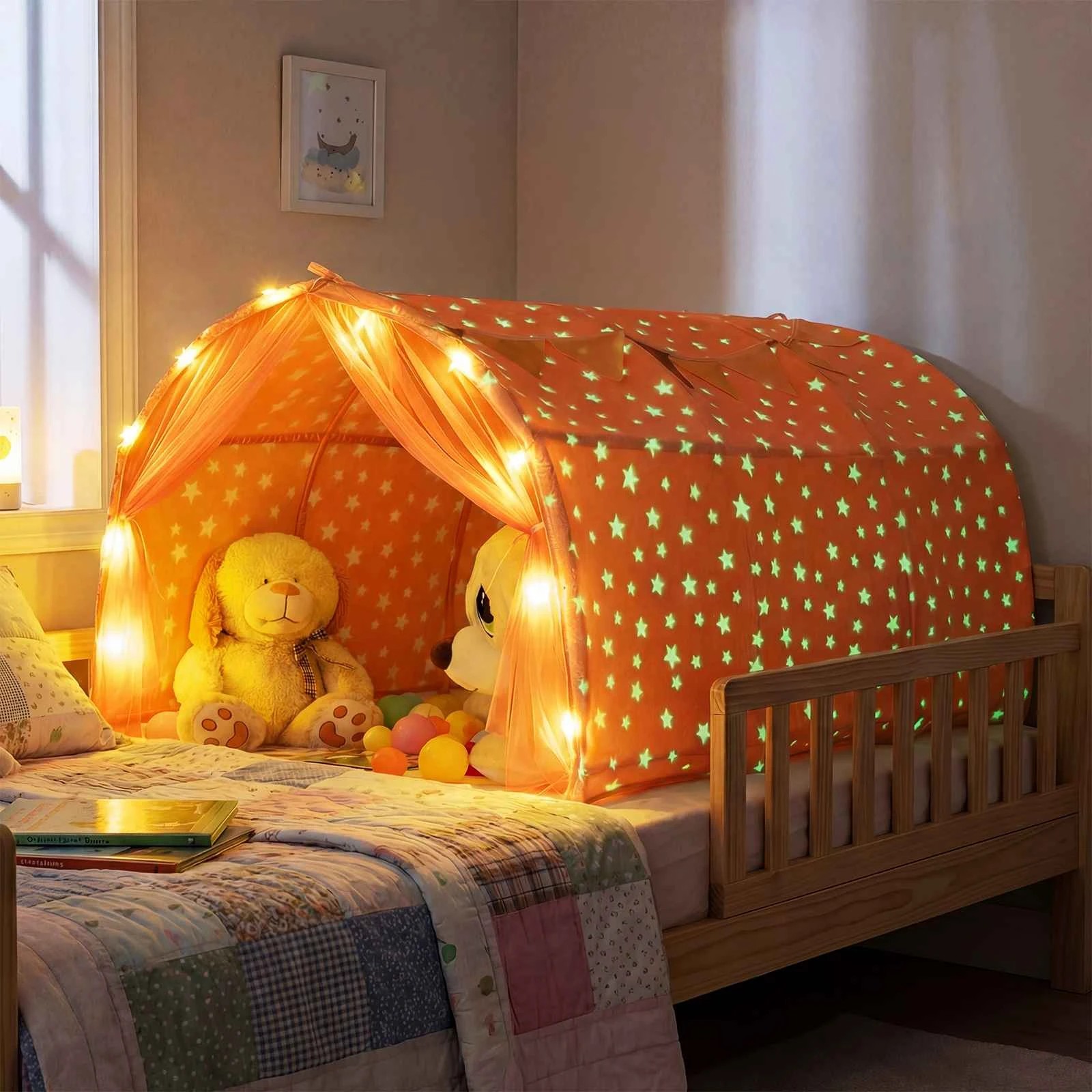 2 Costway Glow in the Dark Play Tent Star Playhouse w/Lights & Curtains - Pink, 2 of 3