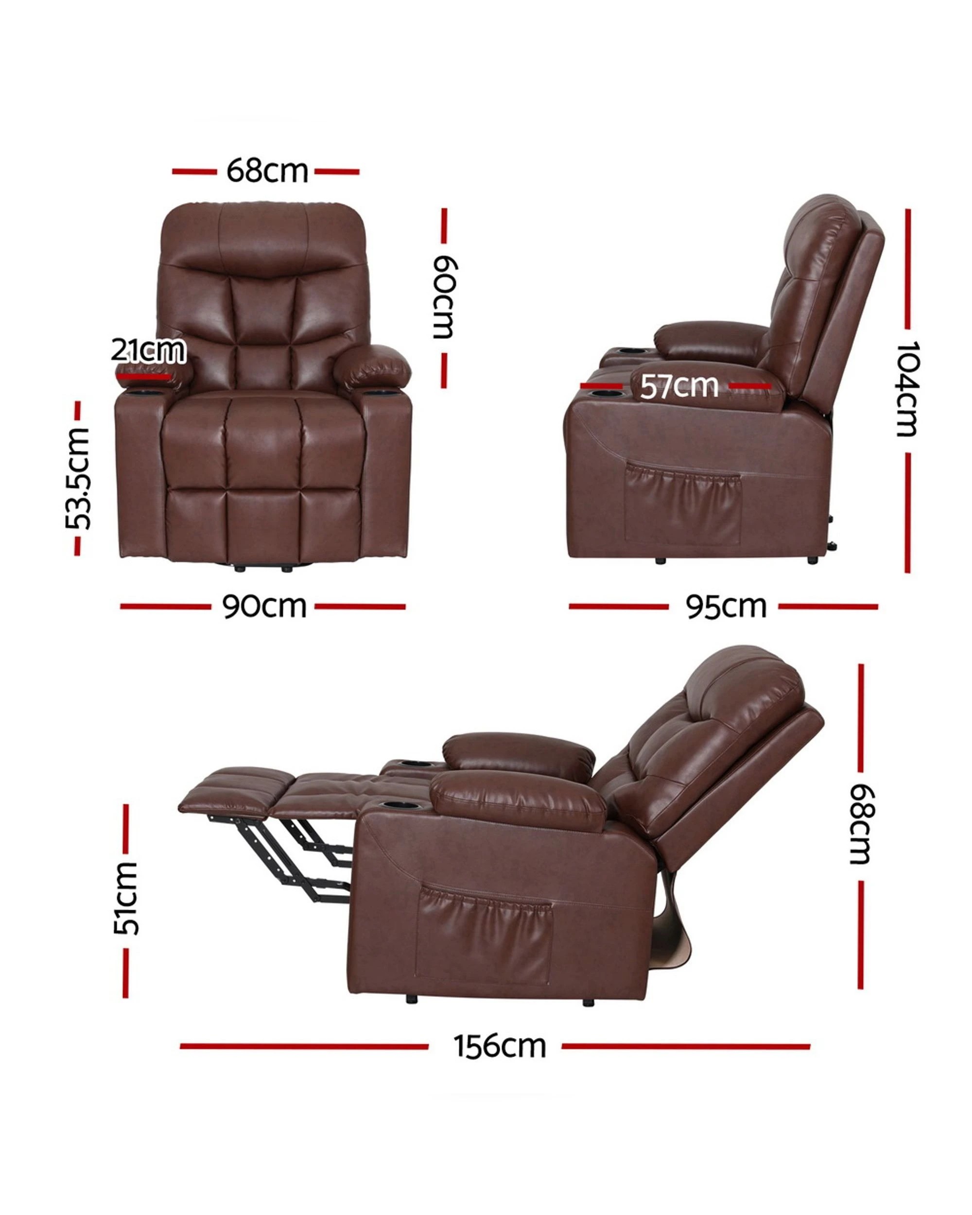 2 Artiss Recliner Chair Lift Assist Heated Massage Chair Leather - Brown, 2 of 4
