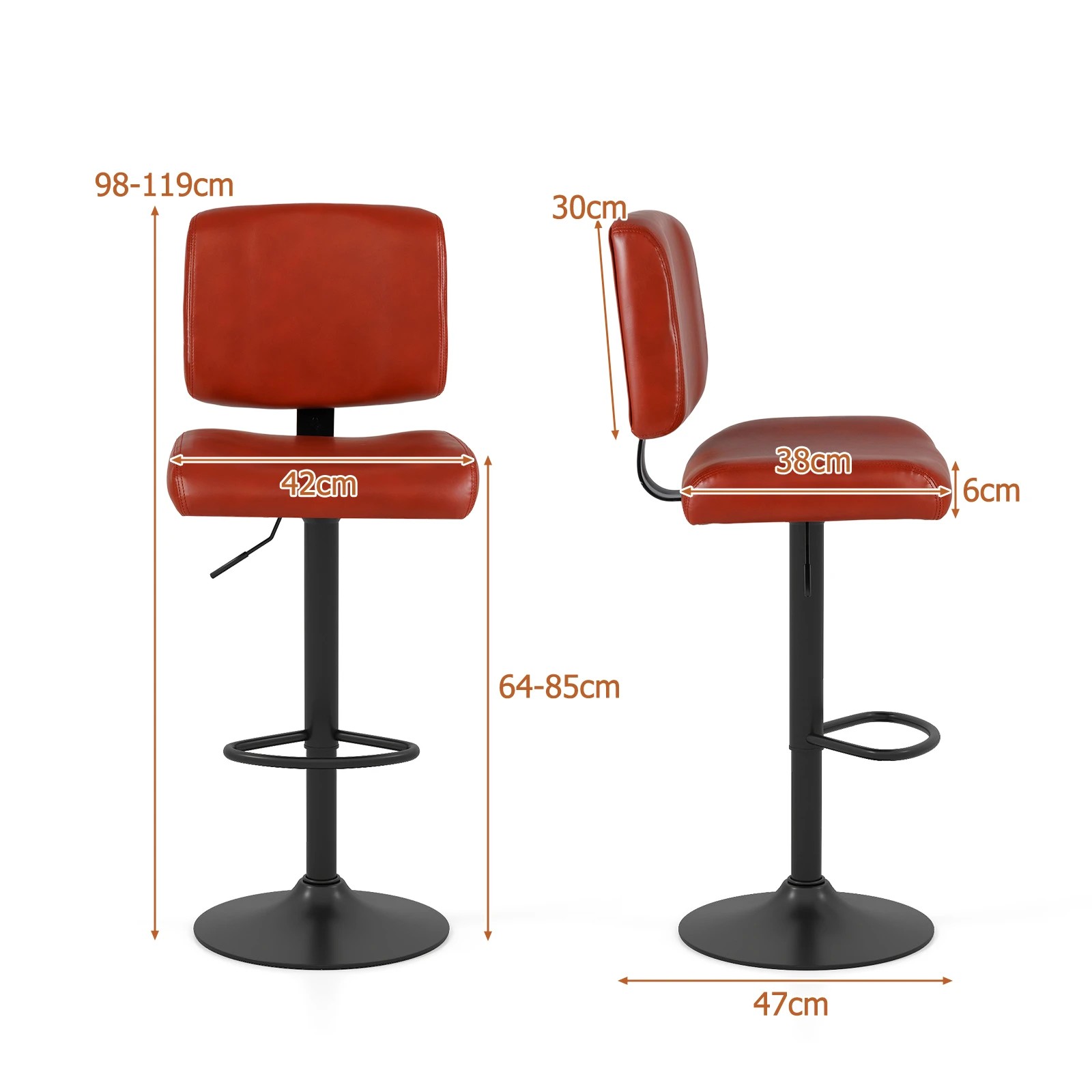 4 Costway 2x Swivel Bar Stools Adjustable Square Bar Chairs Kitchen Upholstered Counter Barstool Set - Brown, 4 of 4