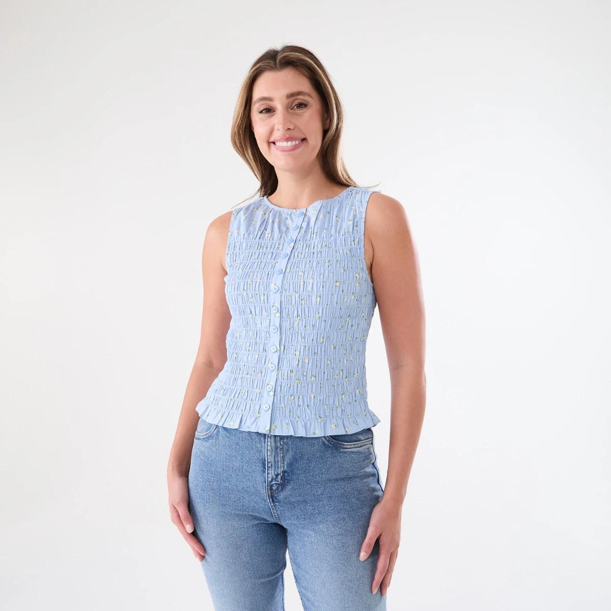 1 Sleeveless Shirred Button Through Top Blue Ditsy, 1 of 5