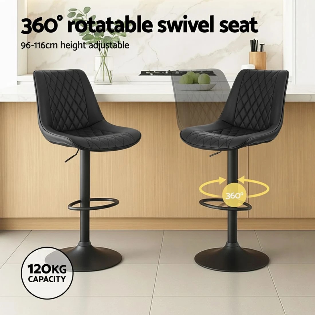 4 Artiss 4x Bar Stools Kitchen Swivel Gas Lift Counter Chair Diamond Leather - Black, 4 of 6