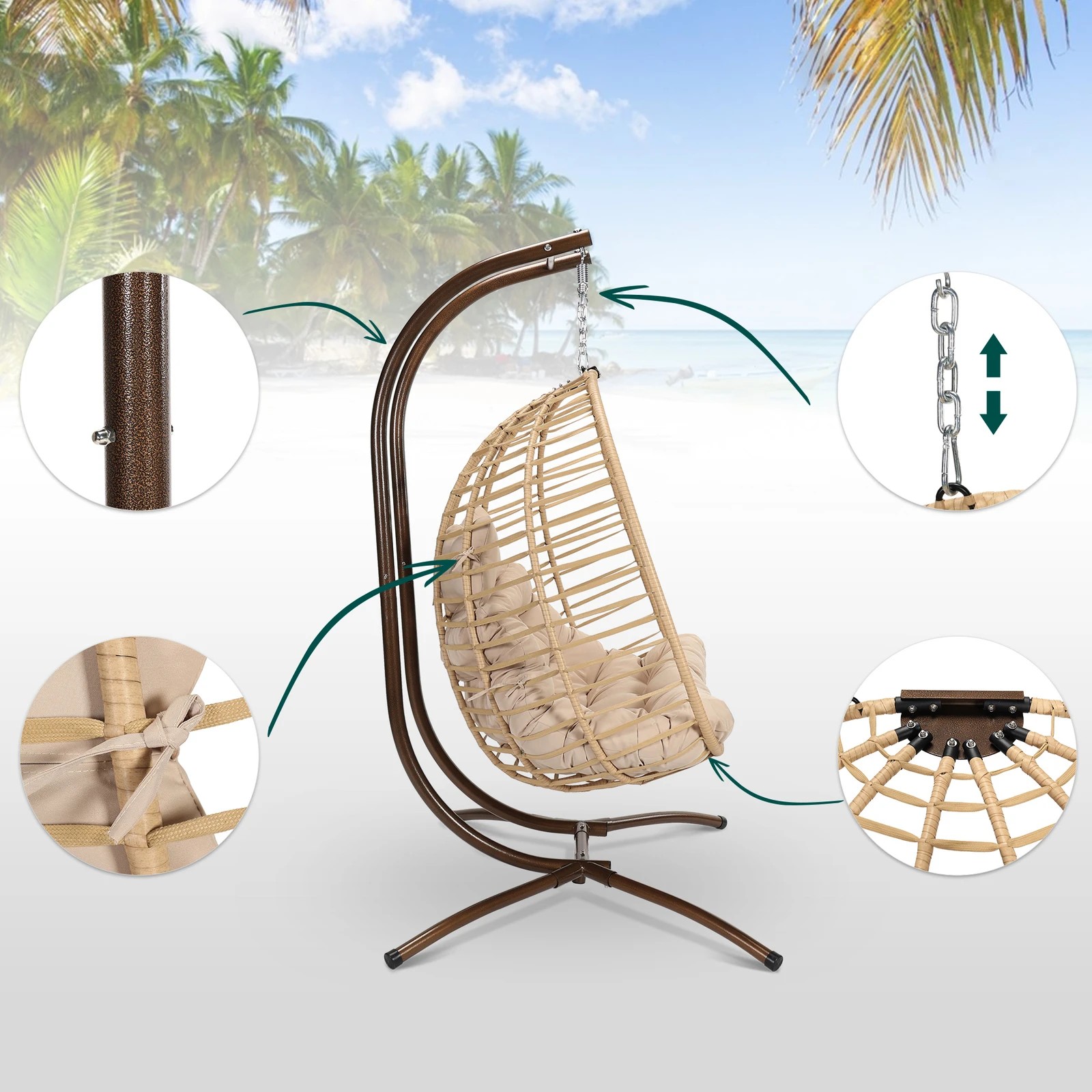 7 Alfordson Outdoor Egg Swing Chair 2 Seater Wicker Rattan Pod Hanging - Beige, 7 of 10
