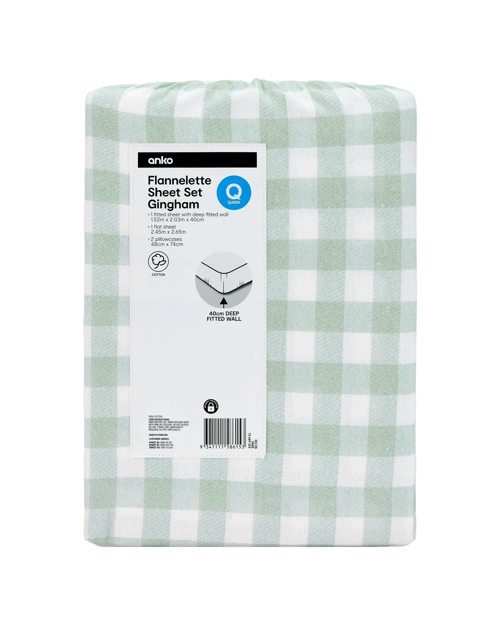 7 Gingham Cotton Flannelette Sheet Set - Queen Bed, Sage, 7 of 7