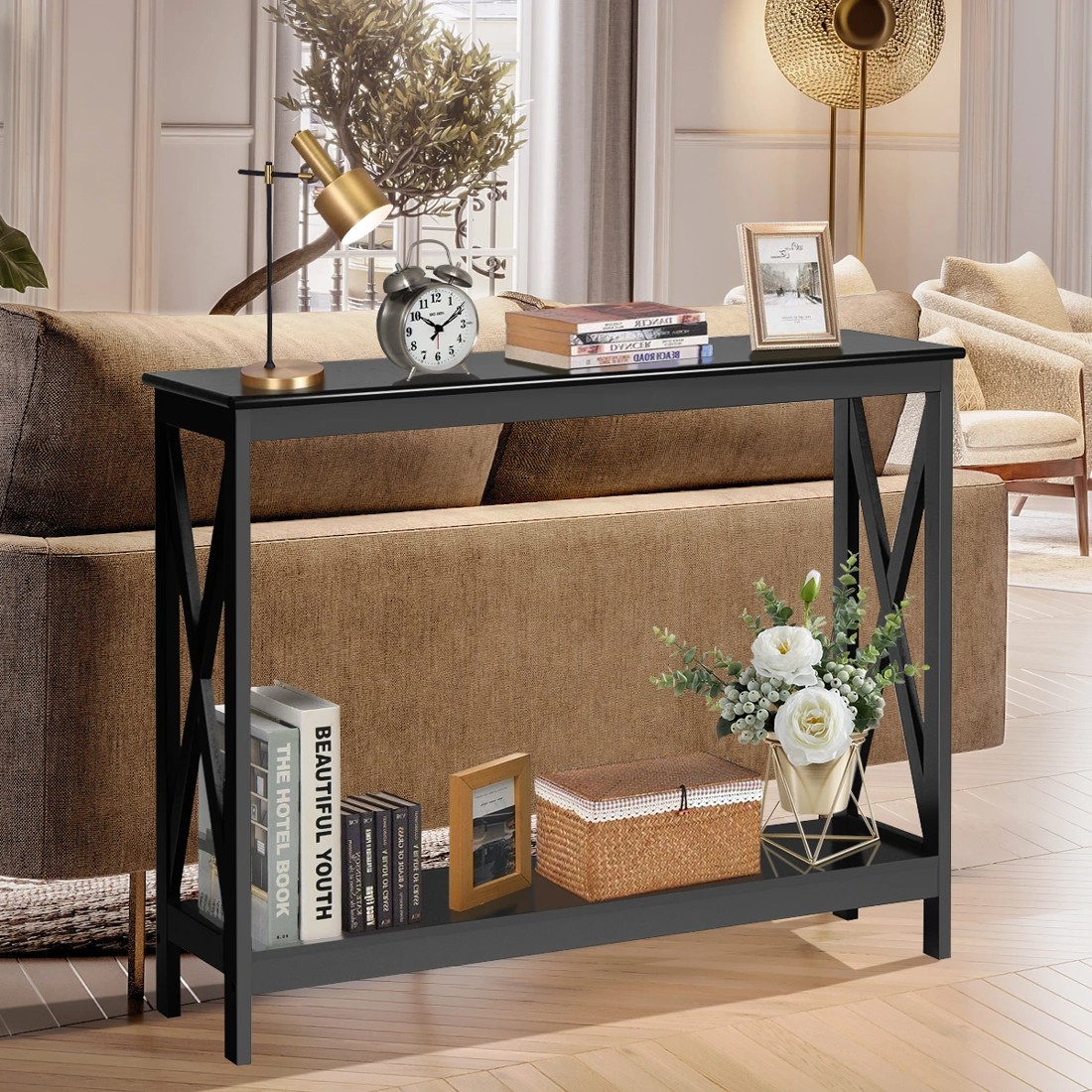 2 Costway 2-Tier Console Table X-Design Hall Table - Black, 2 of 5