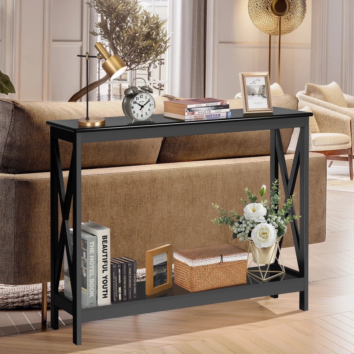 2 Costway 2-Tier Console Table X-Design Hall Table - Black, 2 of 5