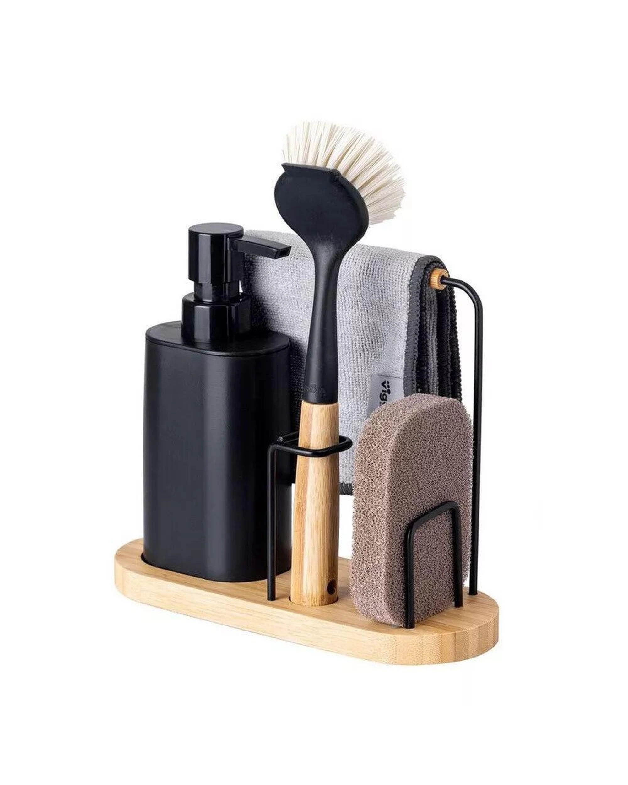 2 Vigar Vintage Bamboo 4 Piece Set  Sink Caddy Dish Brush Dispenser Black, 2 of 7