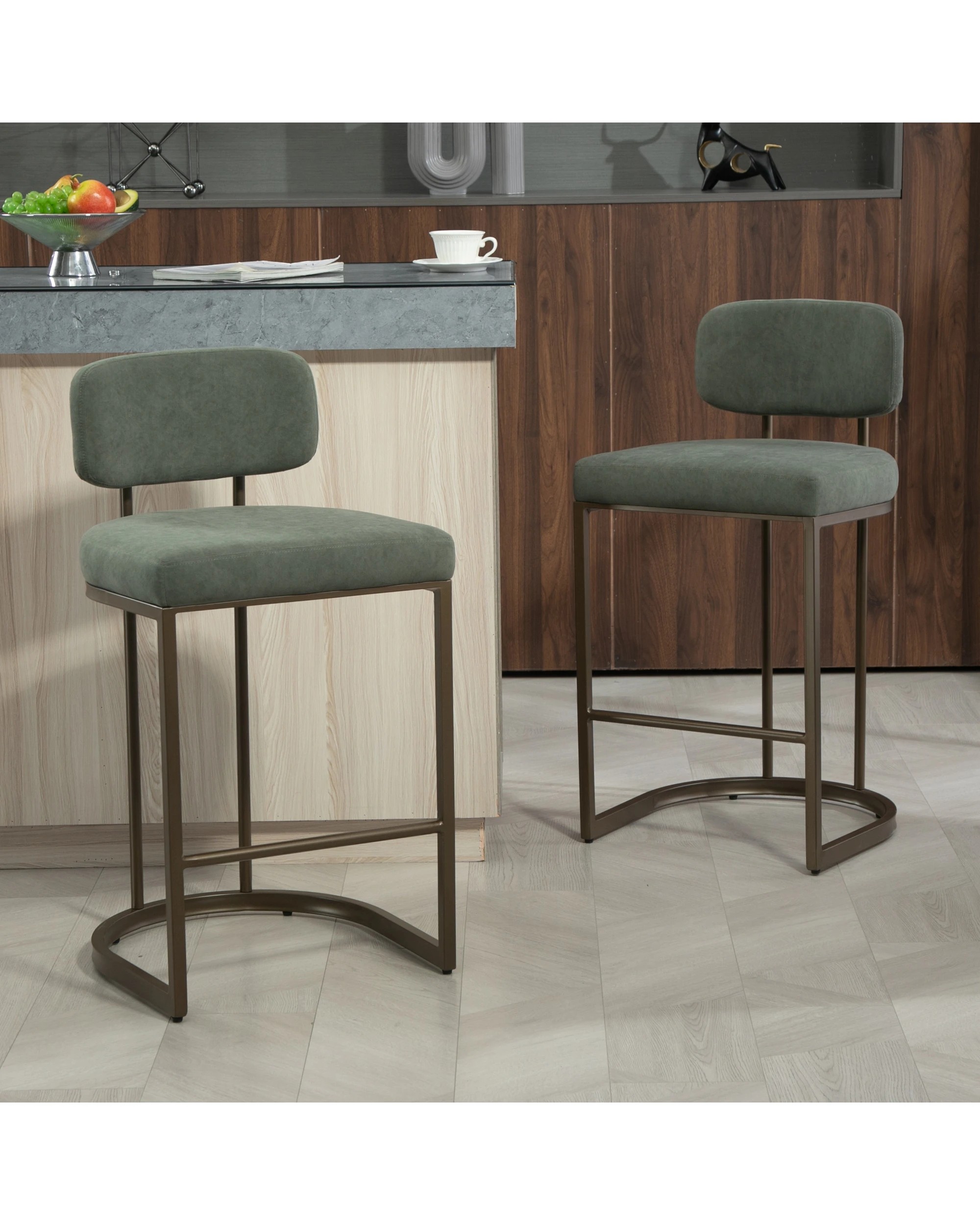 2 IHOMDEC Velvet Bar Stools with Metal Frame Set of 2 - Green - Green, 2 of 10