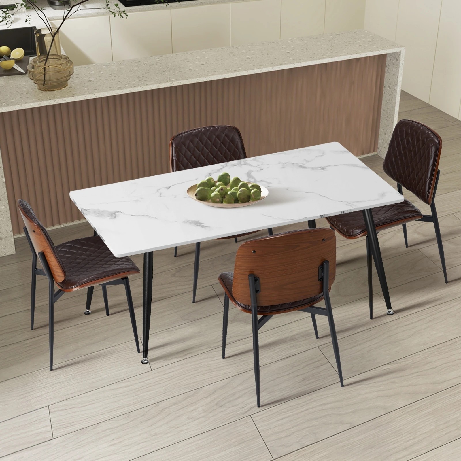 3 Oikiture 120cm Rectangle Dining Table with 4PCS Dining Chairs PU Walnut - Multi, 3 of 9