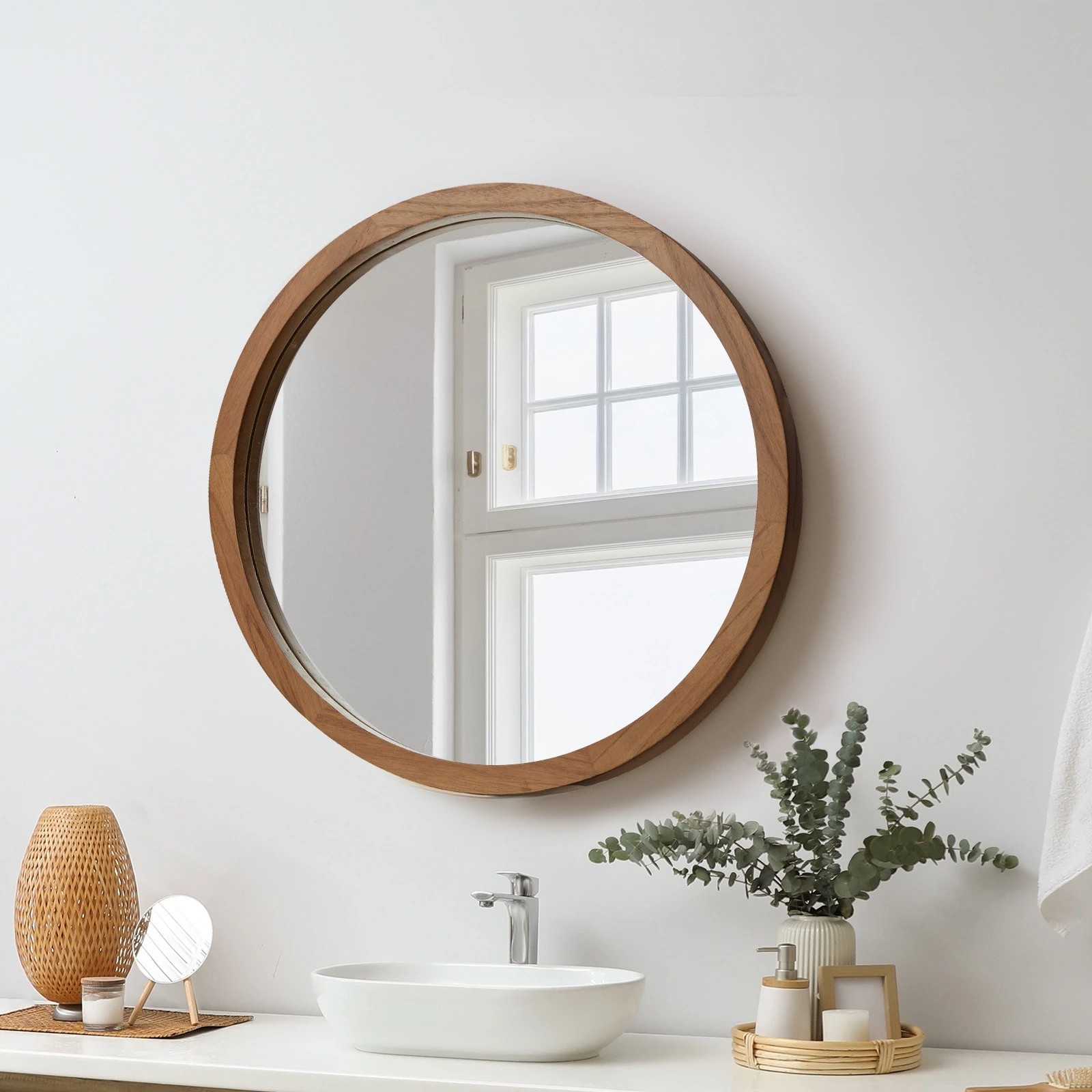 3 Oikiture Wall Mirrors 60cm Round Makeup Mirror Home Decor Bathroom - Brown, 3 of 7