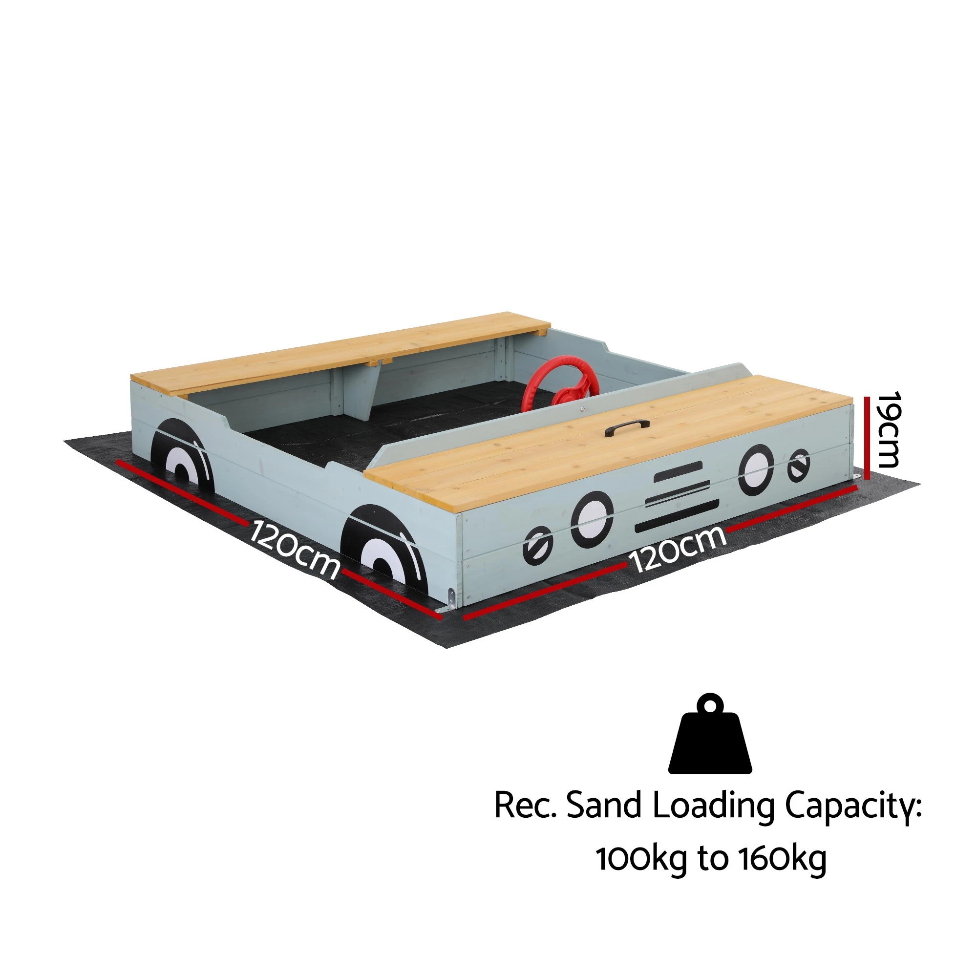 2 Keezi Wooden Car Sandpit Kids Sandbox Outdoor Play Toy w/ Storage Ground Sheet - Blue, 2 of 2