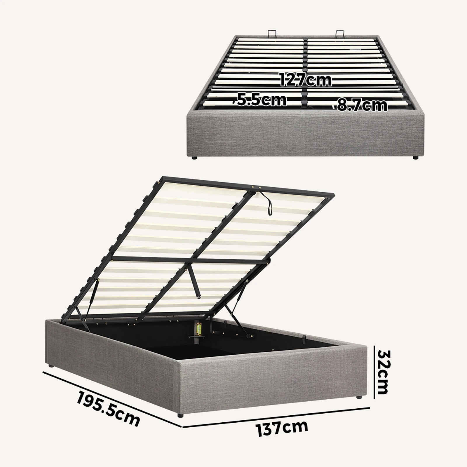 5 Oikiture Bed Frame Double Size Gas Lift Base With Storage
 - Grey, 5 of 8