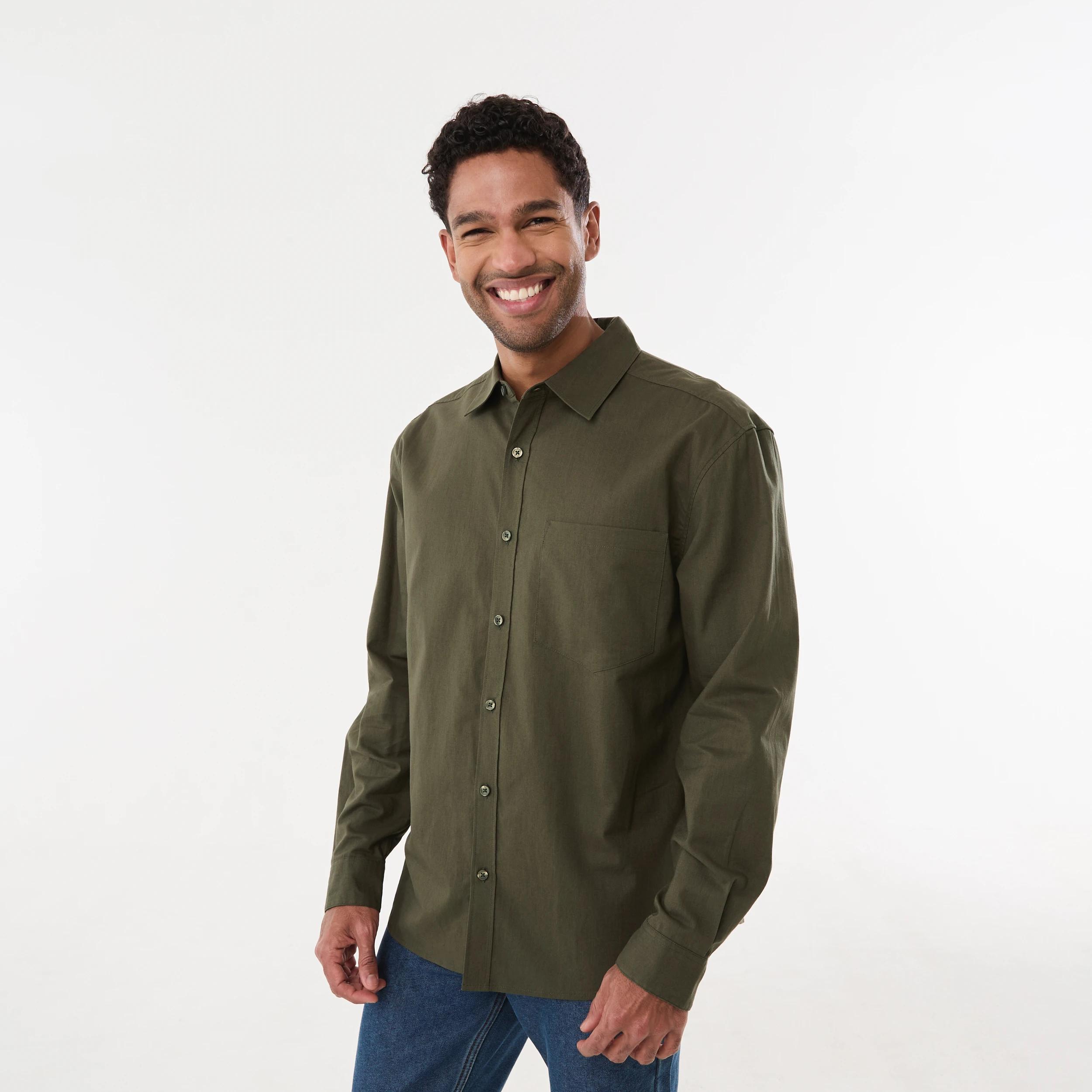 2 Long Sleeve Cotton Linen Shirt UNI KHAKI, 2 of 5