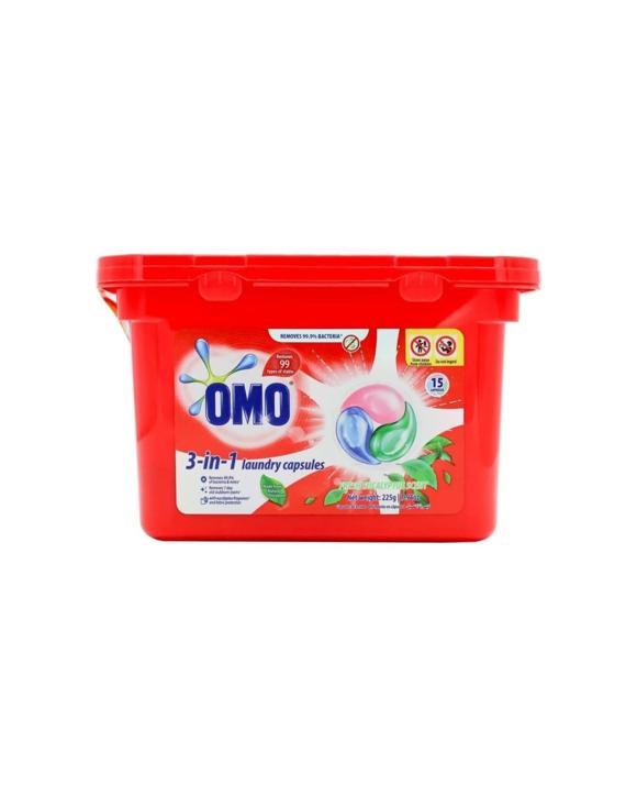 Omo 3 In 1 Laundry Capsules Fresh Eucalyptus Bacteria Mite Remover 15 Pack