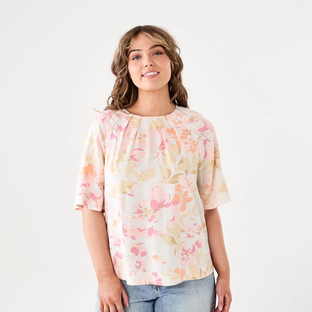 1 Short Sleeve Tuck Top CORAL FLORAL PEACH CORAL, 1 of 5