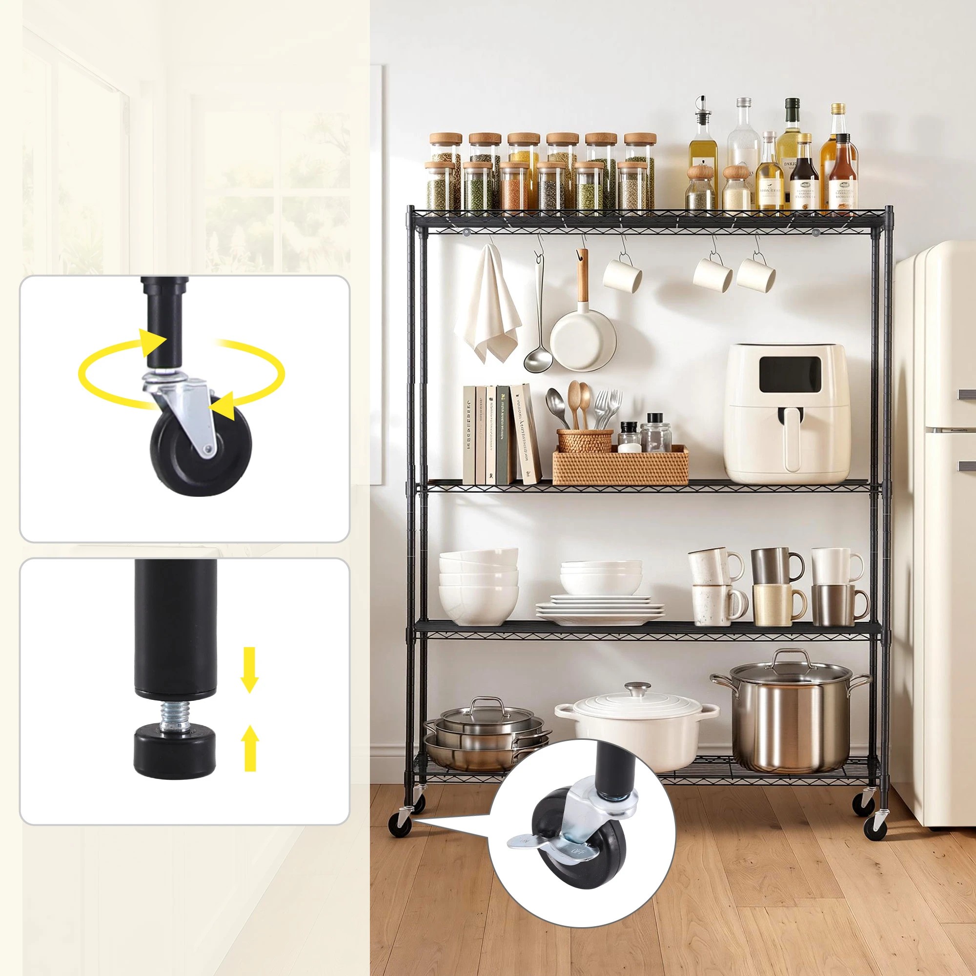 7 Artiss 4-Tier Kitchen Garage Rack Shelf with Wheels Shelving Unit 152x45x187CM Adjustable Metal Storage Shelves - Black, 7 of 9