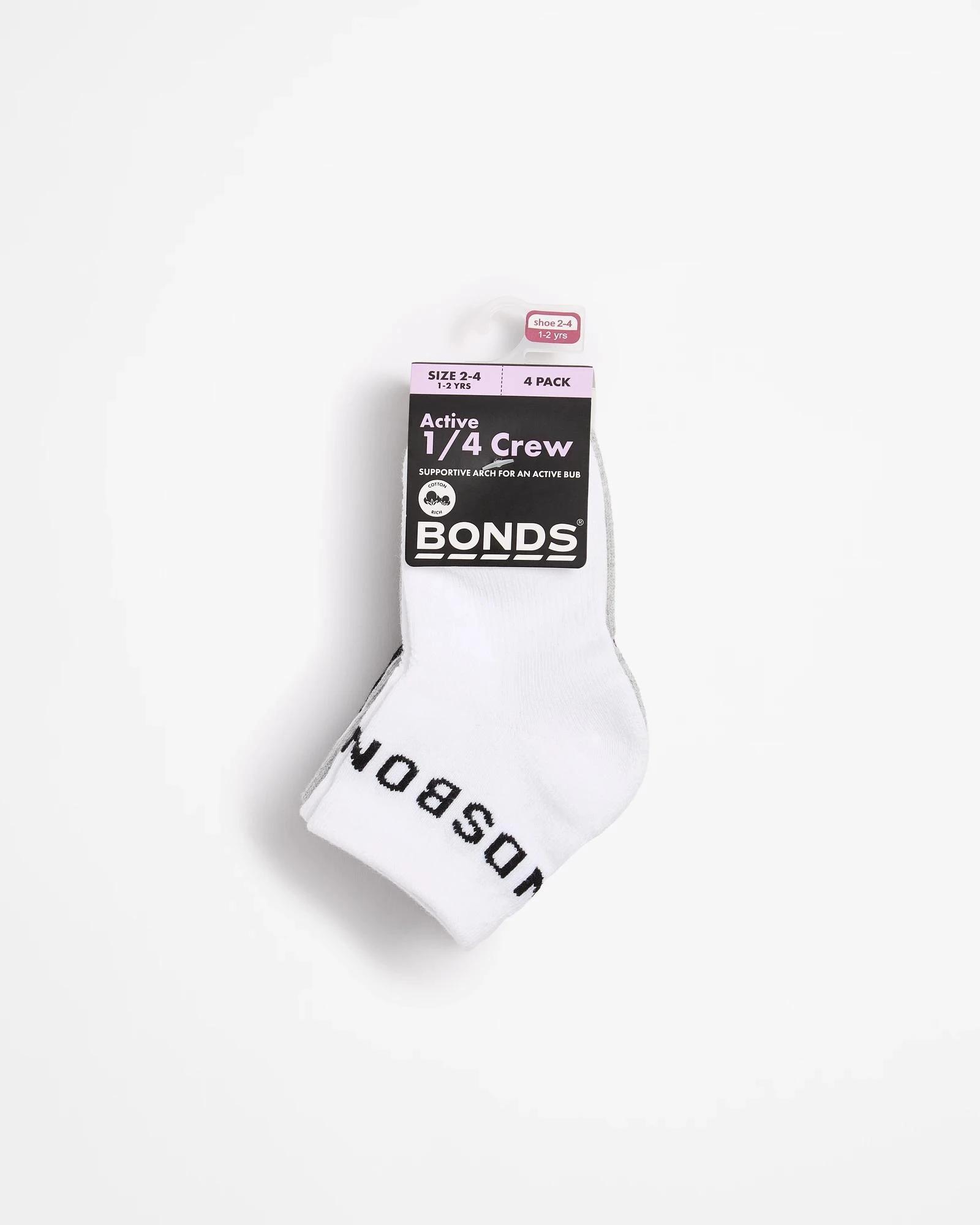 3 Bonds Baby Active 1/4 Crew Socks 4 Pack WHITE / GREY / BLACK, 3 of 3