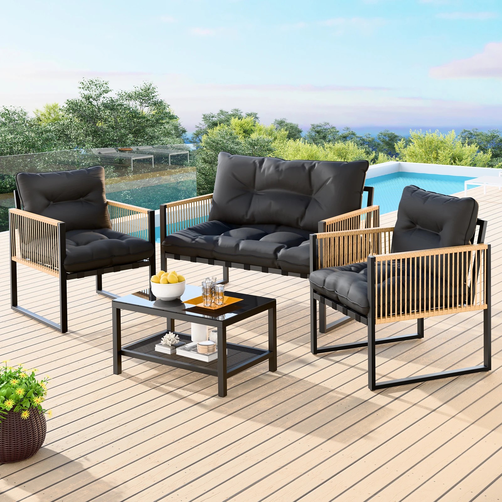 2 Alfordson 4PCS Outdoor Furniture Lounge Set Wicker Table and Chairs Garden - Black Grey, 2 of 10