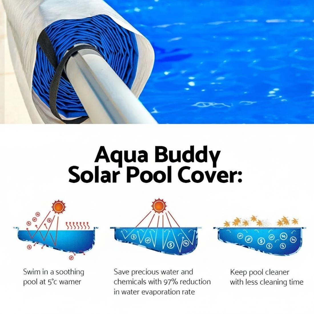 4 Aquabuddy Pool Cover 500 Micron 11x4.8m Swimming Pool Solar Blanket 5.5m Roller - Multi, 4 of 6