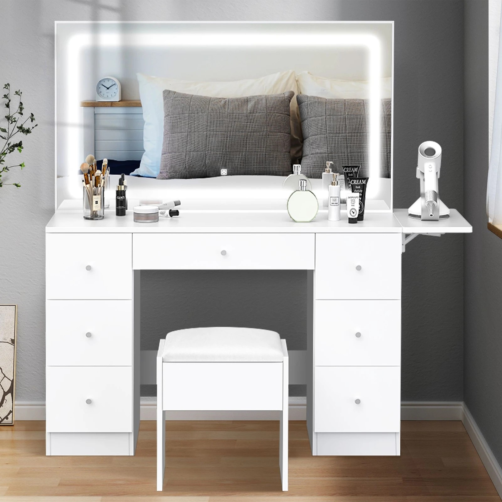 7 Alfordson Dressing Table Stool Set Makeup Mirror LED Vanity Desk 7 Drawers - White, 7 of 10