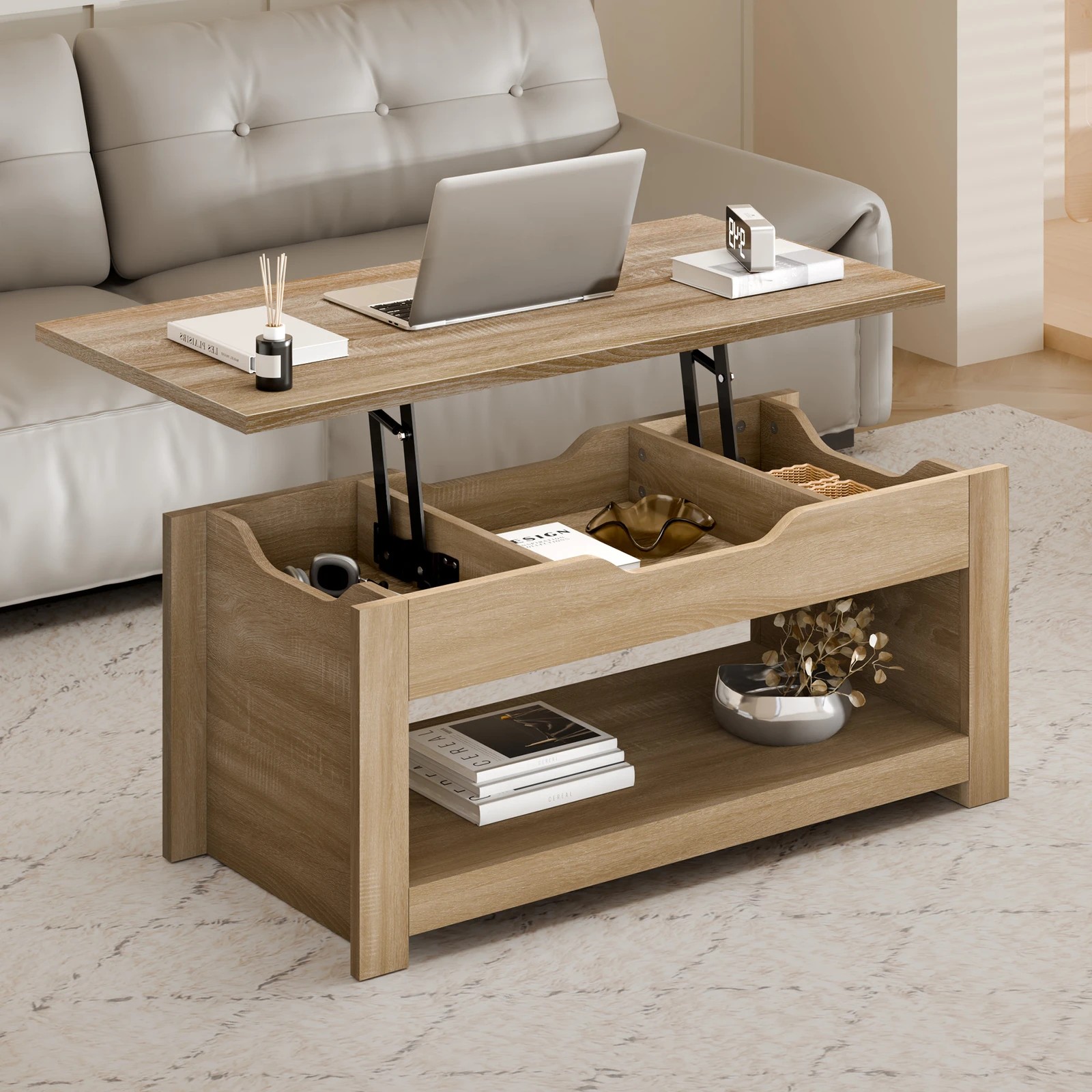 10 Alfordson Coffee Table Lift Up Top Laptop Desk Hidden Storage Shelf - Oak, 10 of 10