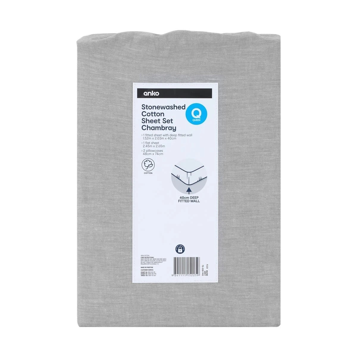 7 Stonewashed Chambray Cotton Sheet Set - Queen Bed, Grey, 7 of 7