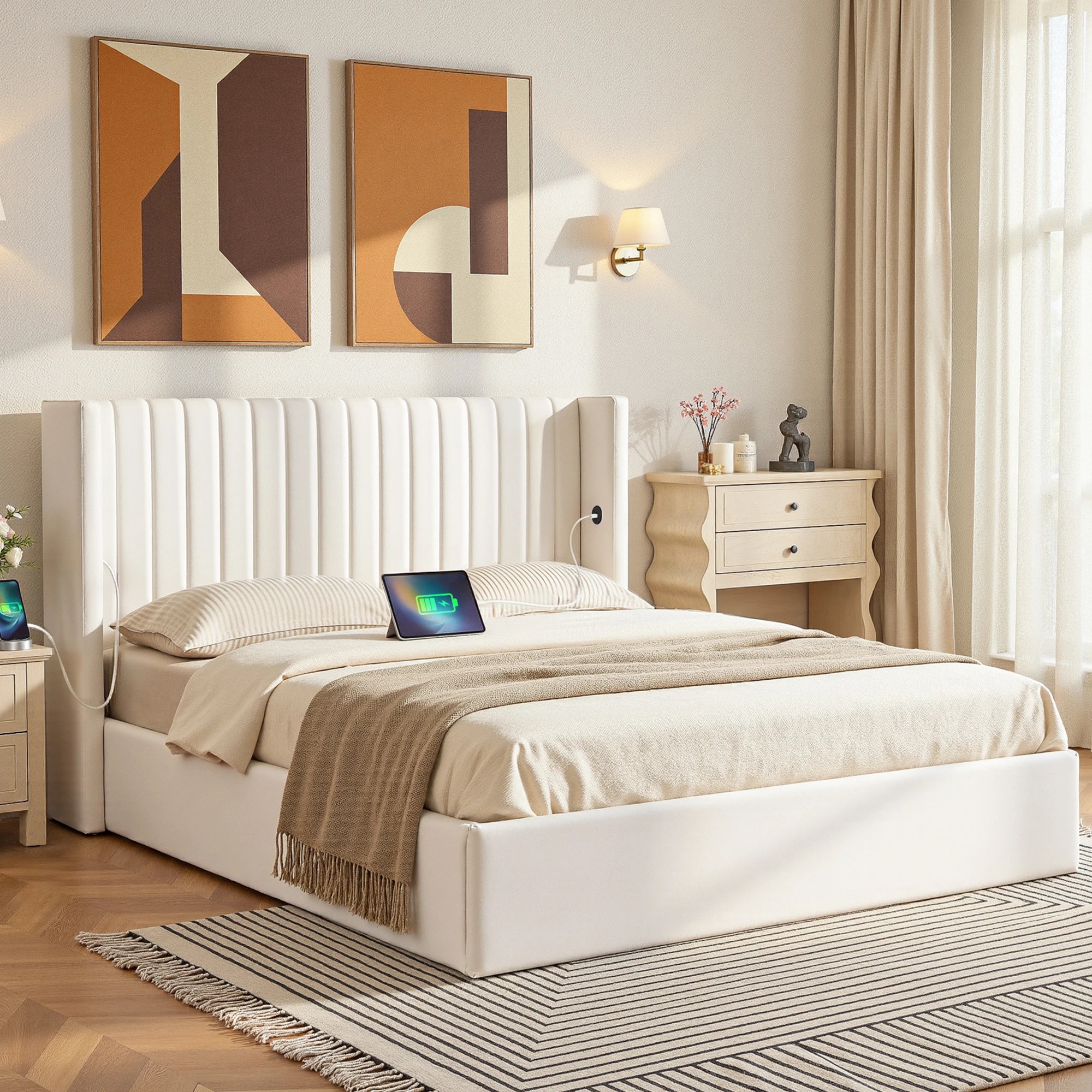 10 Artiss Queen Bed Frame with Gaslift Storage USB Type-C Charging Ports Velvet - White, 10 of 10