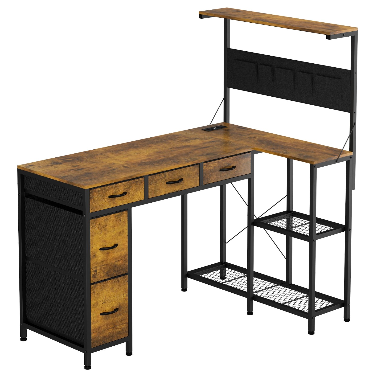 7 Advwin Gaming Desk with Power Outlets Reversible Corner Computer Desk with Storage Shelf Fabric Drawer and Bag - Brown, 7 of 7