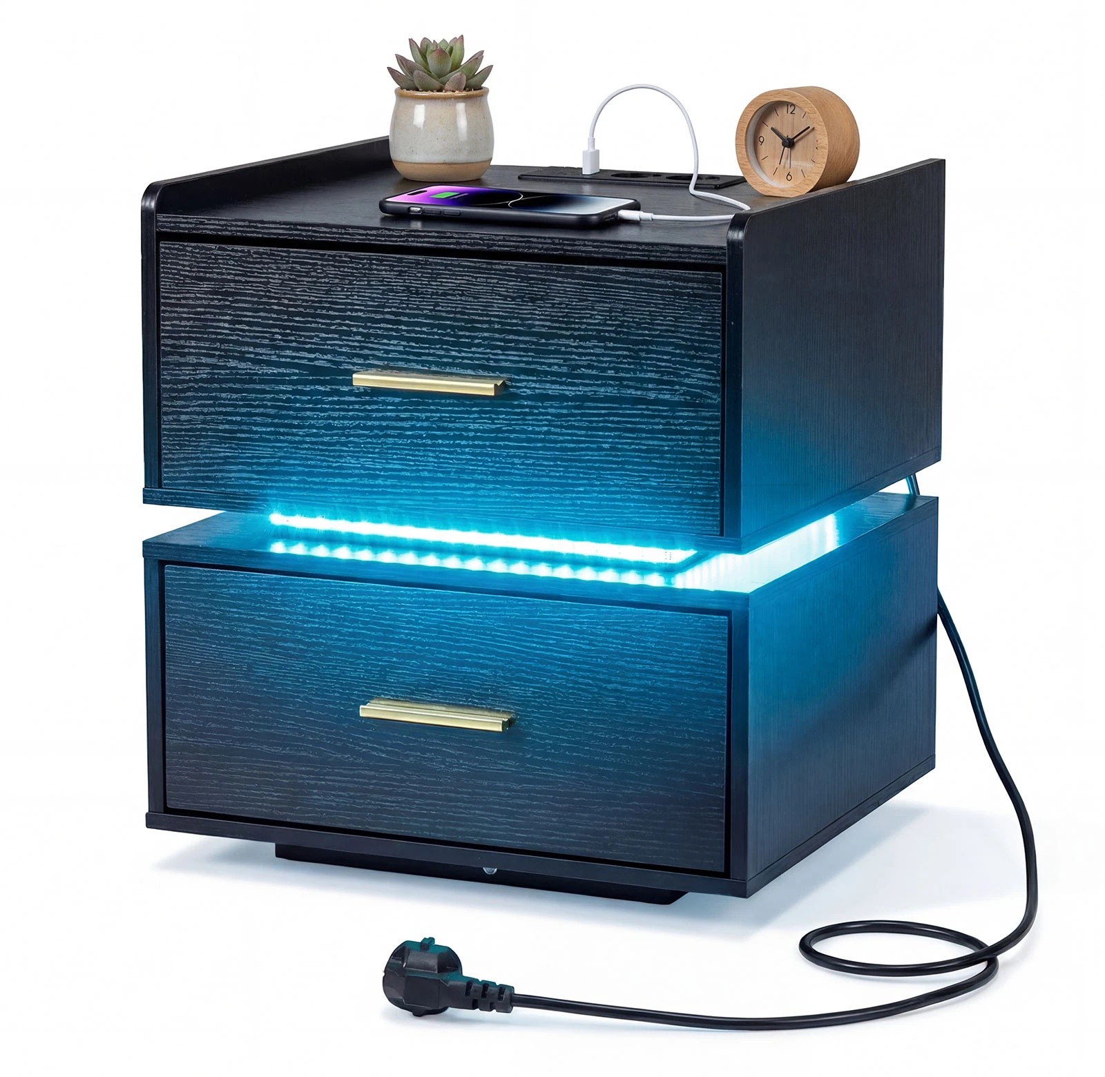 4 Costway LED Bedside Table w/Charging Station Modern Semi-floating Nightstand - Black, 4 of 5