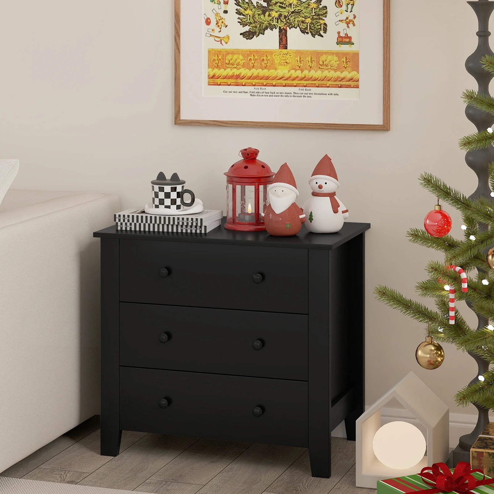 3 Costway 3 Chest of Drawers Storage Dresser Nightstand Wood Bedside Table - Black, 3 of 4