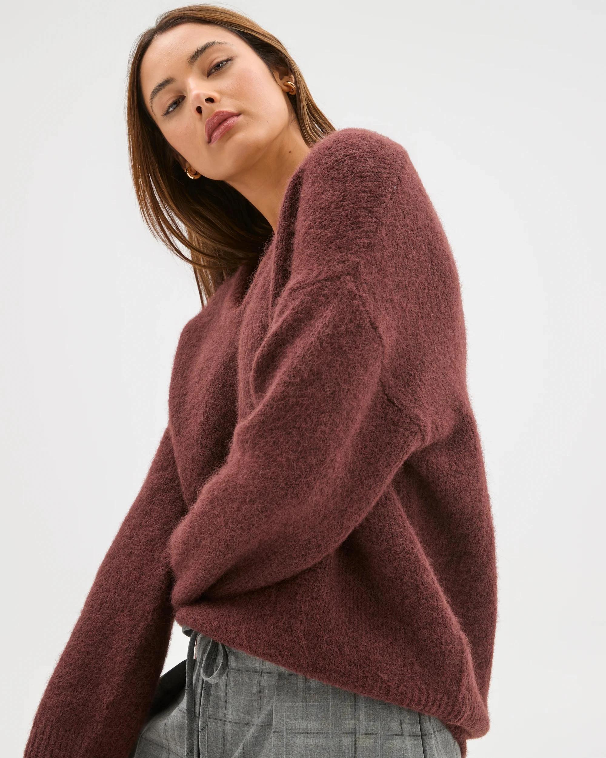 2 Lily Loves V-Neck Fluffy Knit Jumper BURGUNDY, 2 of 6