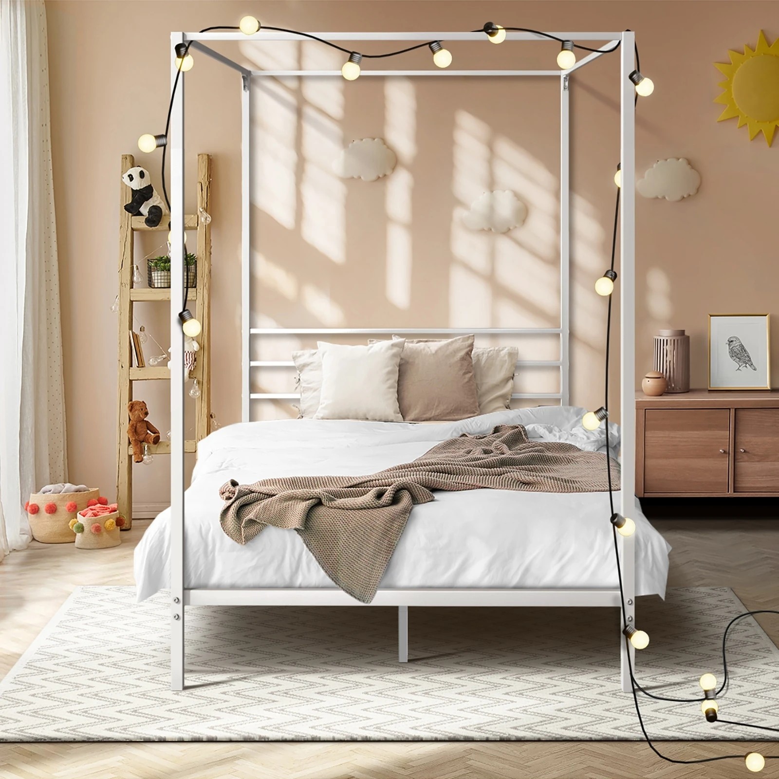 3 Oikiture Metal Canopy Bed Frame Single Size Beds Platform
 - White, 3 of 9