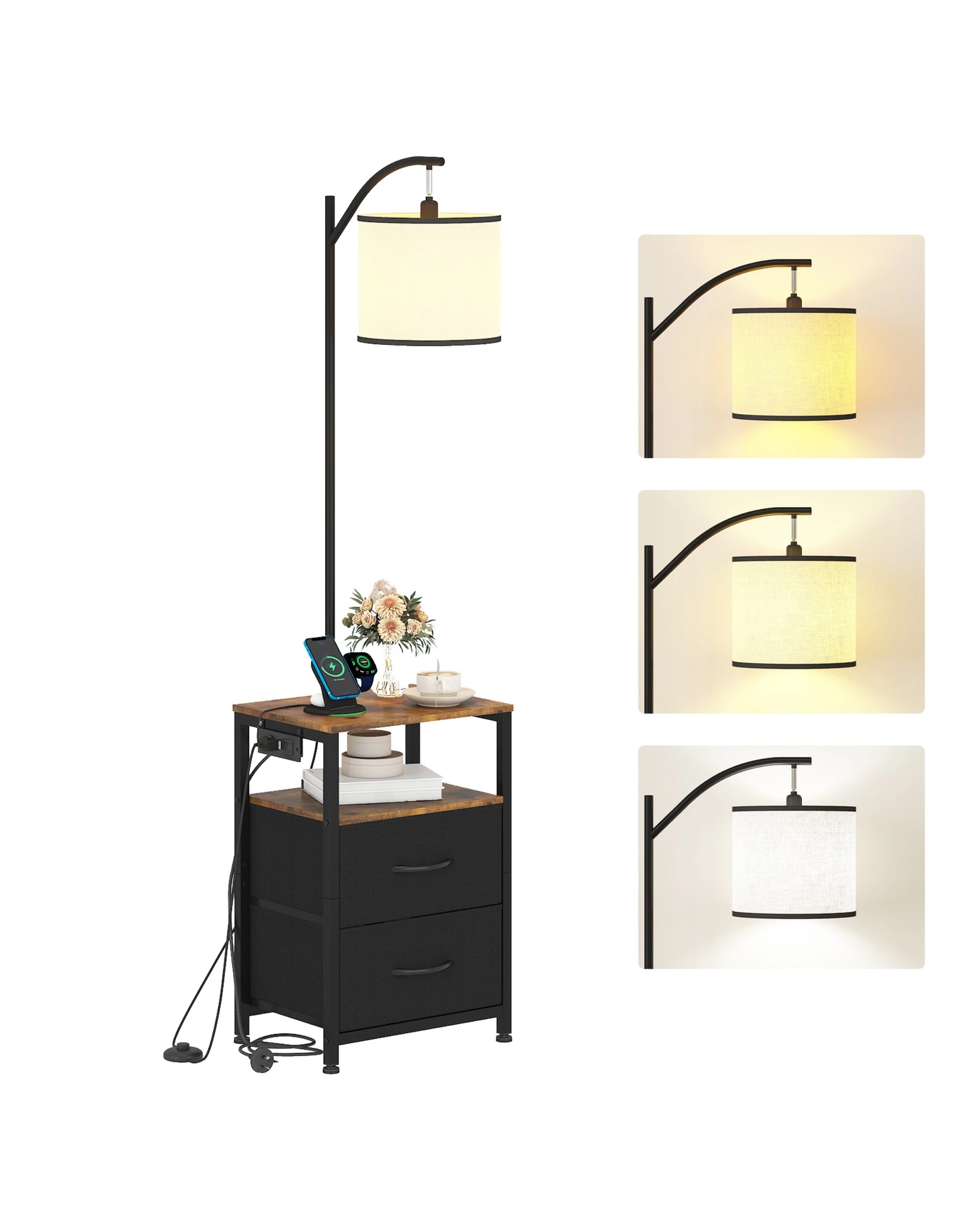 6 Advwin LED Side Table w/ Floor Lamp & 2 Drawers Nightstand with Charging Station - Black, 6 of 9