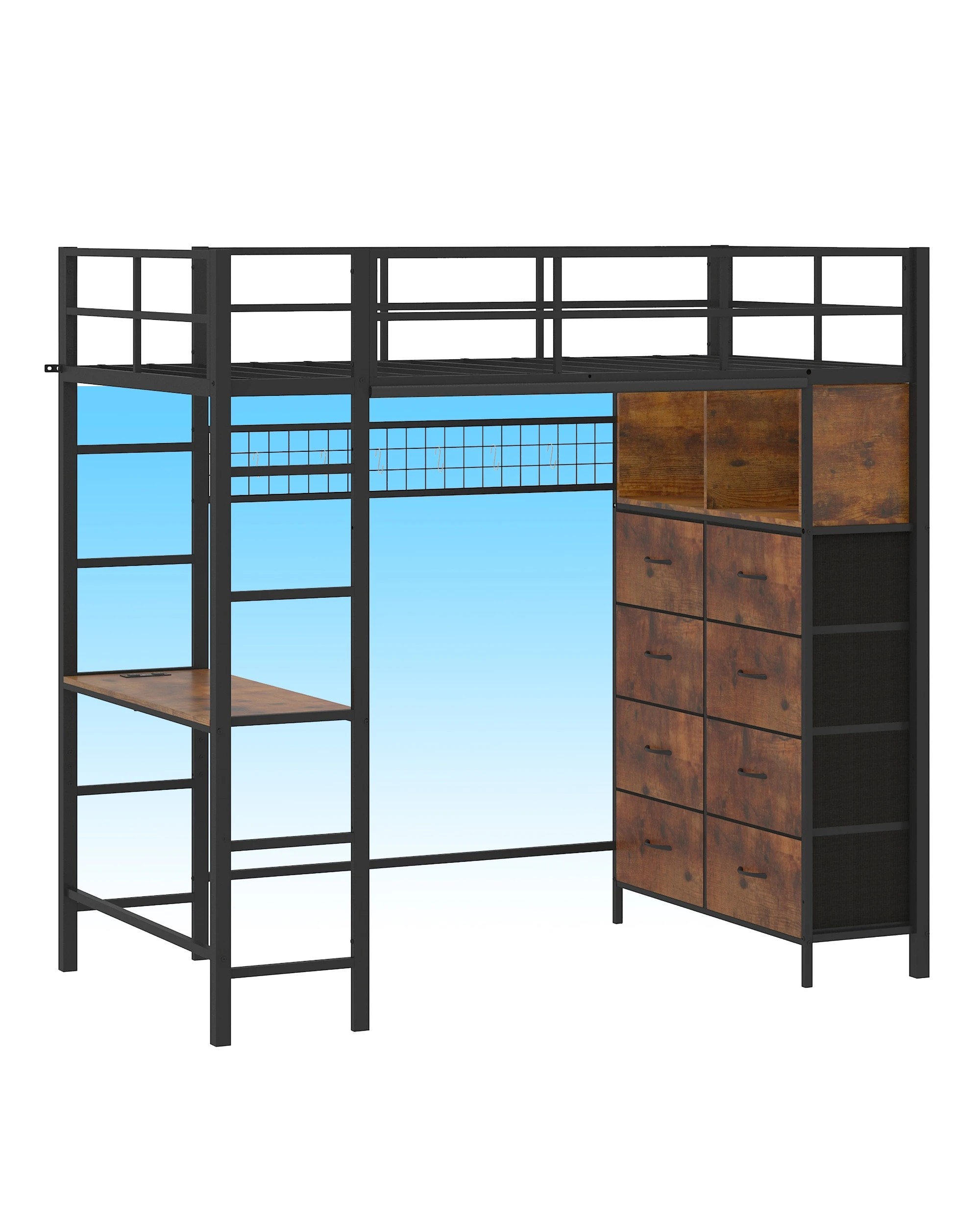 1 Ufurniture Single Loft Bunk Bed with LED Power Outlet Desk Storage Dual Ladder - Brown, 1 of 9