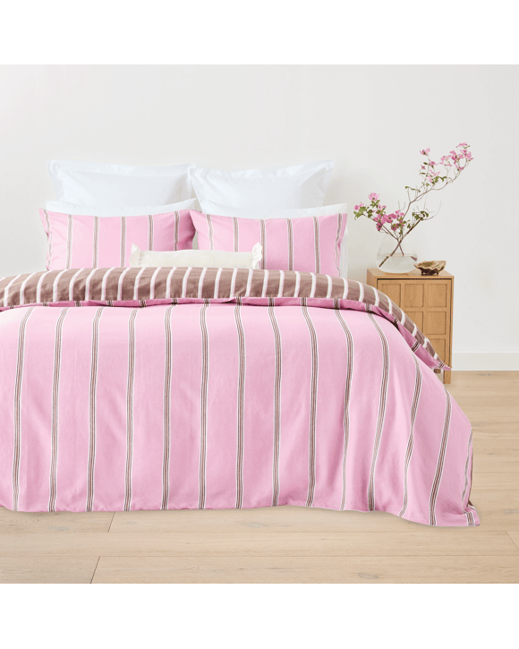 Stripe Cotton Linen Reversible Quilt Cover Set - Super King Bed, Pink and Mocha