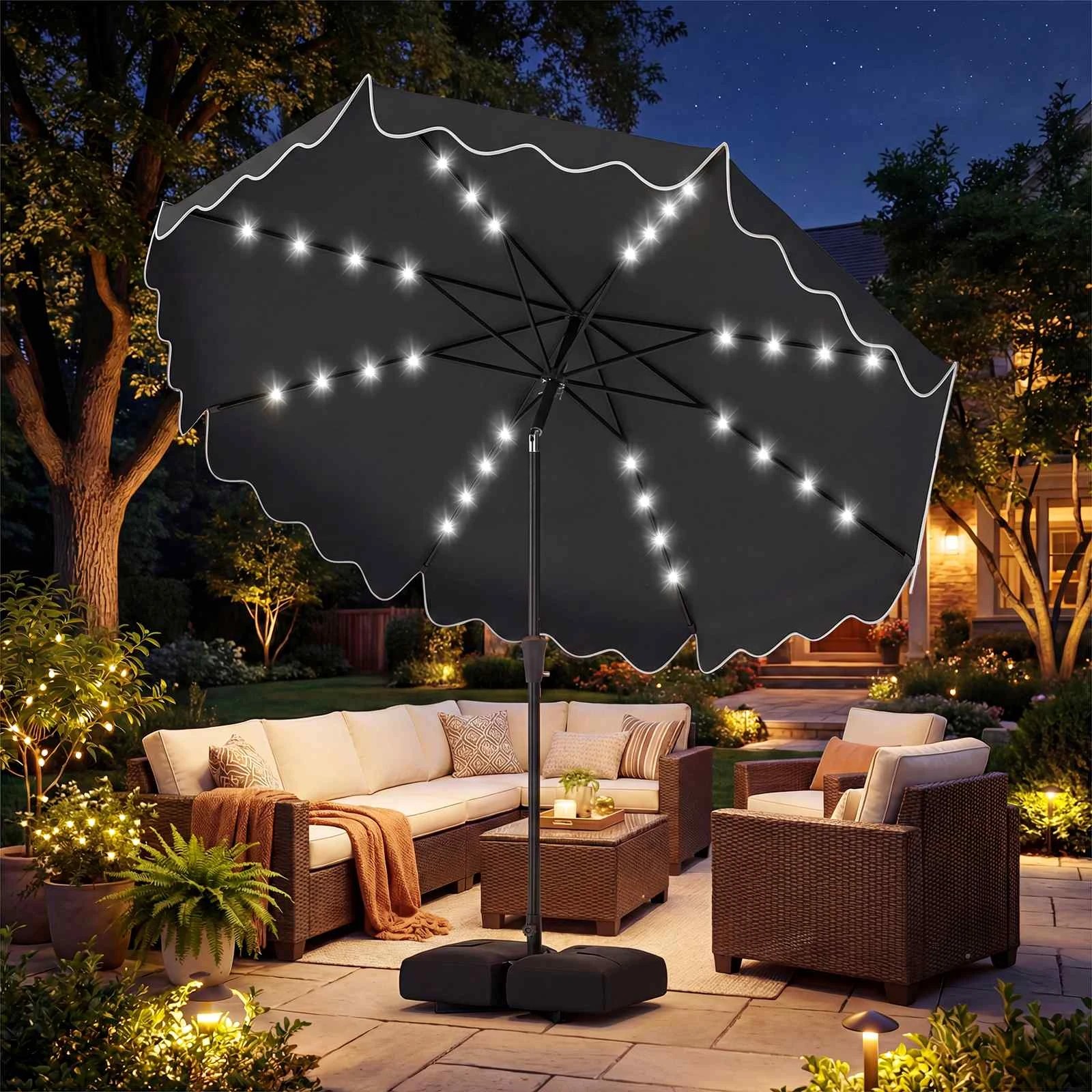 2 Costway 3M Outdoor Patio Umbrella w/32 Solar LED Lights Market Tilt Canopy - Grey, 2 of 4