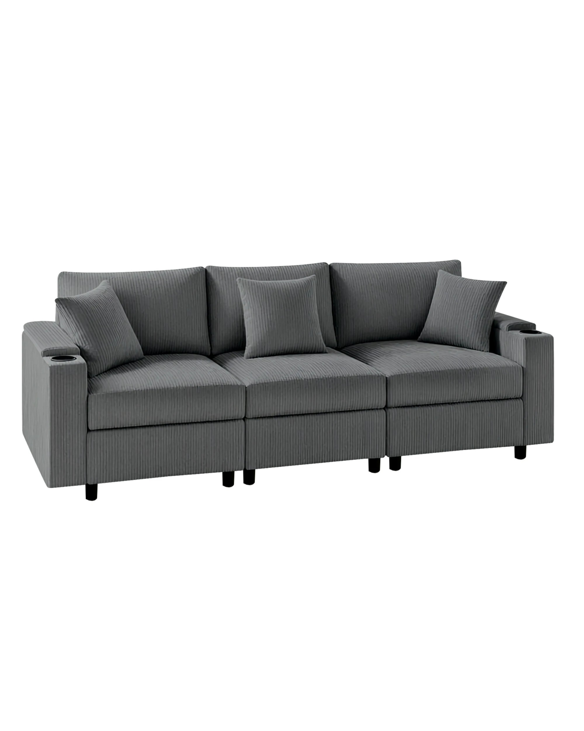 7 Advwin Sofa 256cm Corduroy Modular Couch with Storage Armrests and  Cup Holder - Grey, 7 of 10