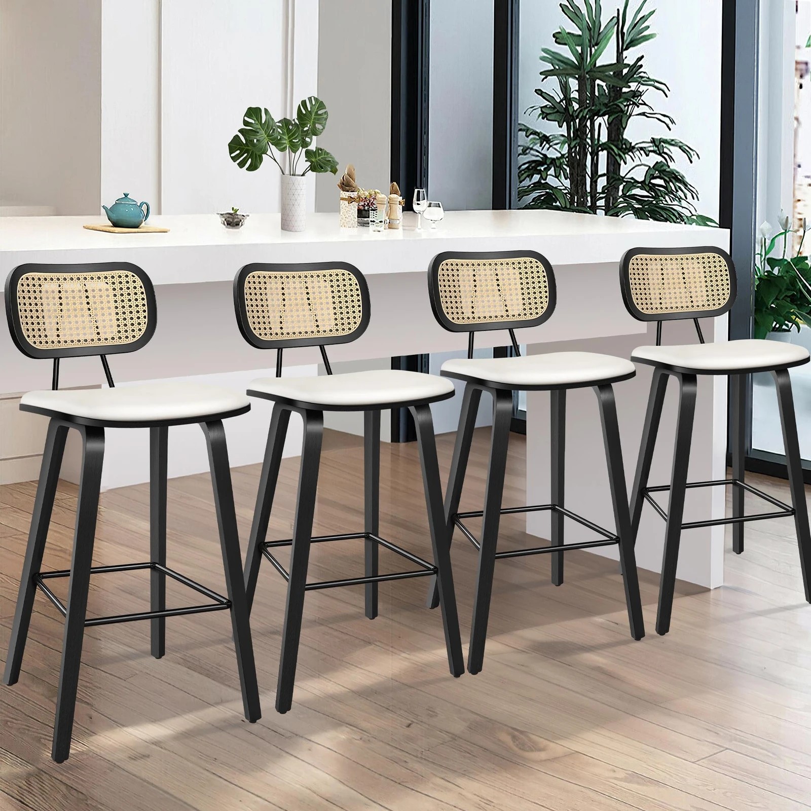 2 Alfordson 4x Bar Stools Kitchen Vintage Leather Seat Rattan Chair - White, 2 of 9