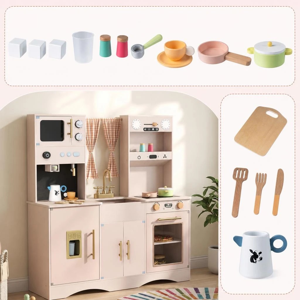 3 Costway Wooden Kitchen Playset Pretend Play Toy Kitchen w/Microwave Coffee Maker - Pink, 3 of 8
