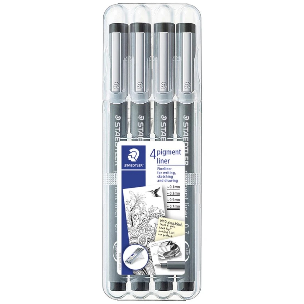 1 Staedtler Pigment Liners Assorted Nibs Black 4 Pack, 1 of 5