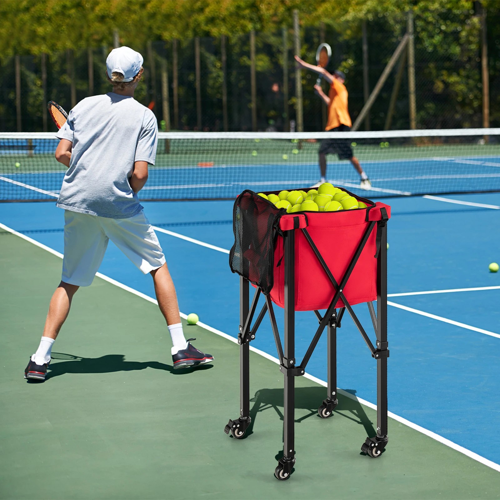 2 Costway Foldable Tennis Ball Trolley 160 Balls Teaching Basket Cart Red, 2 of 3