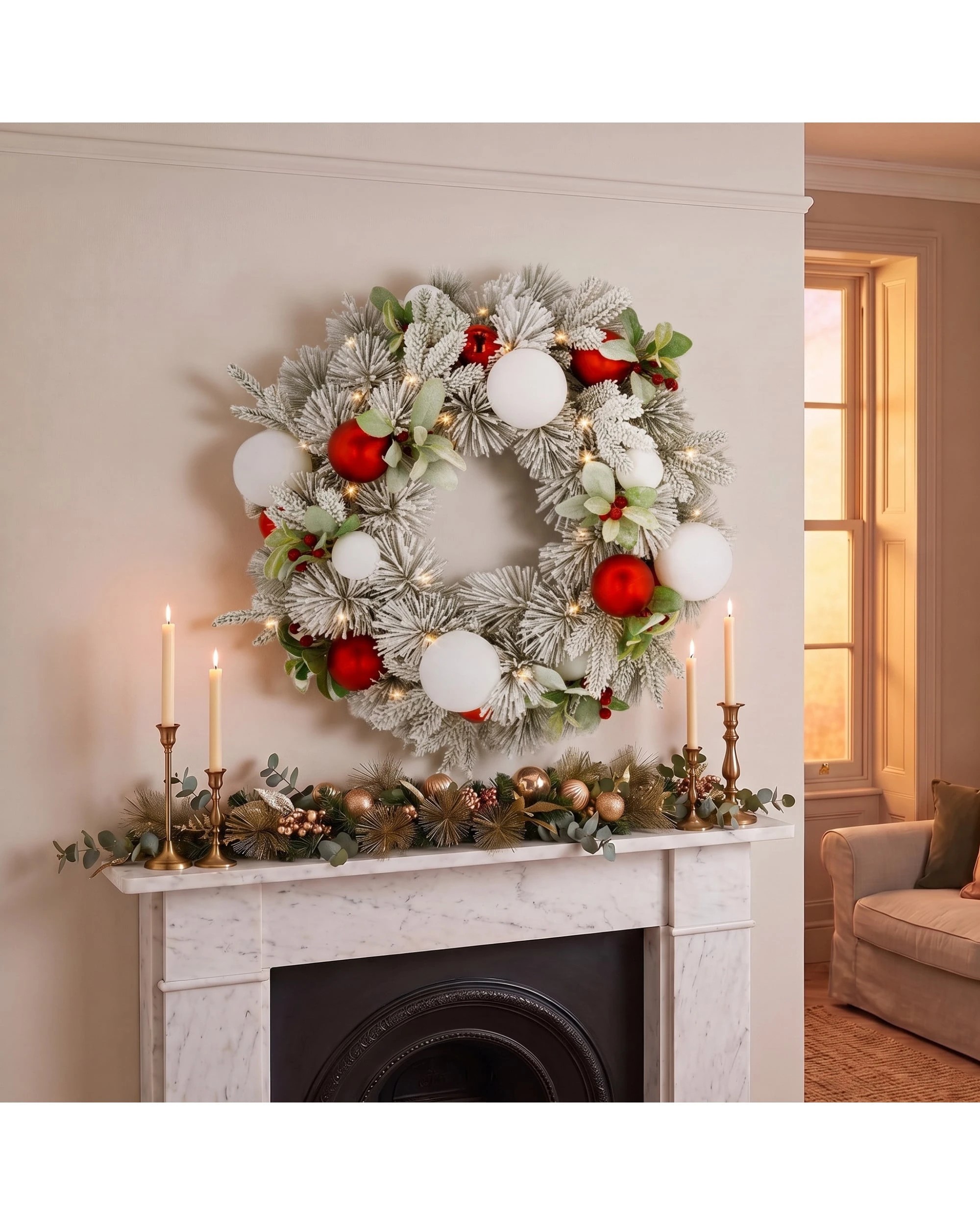 4 Christabelle 61cm Snowy Elegance Pre-Lit Christmas Wreath - Warm White LEDs, Red & White Baubles - White, 4 of 10